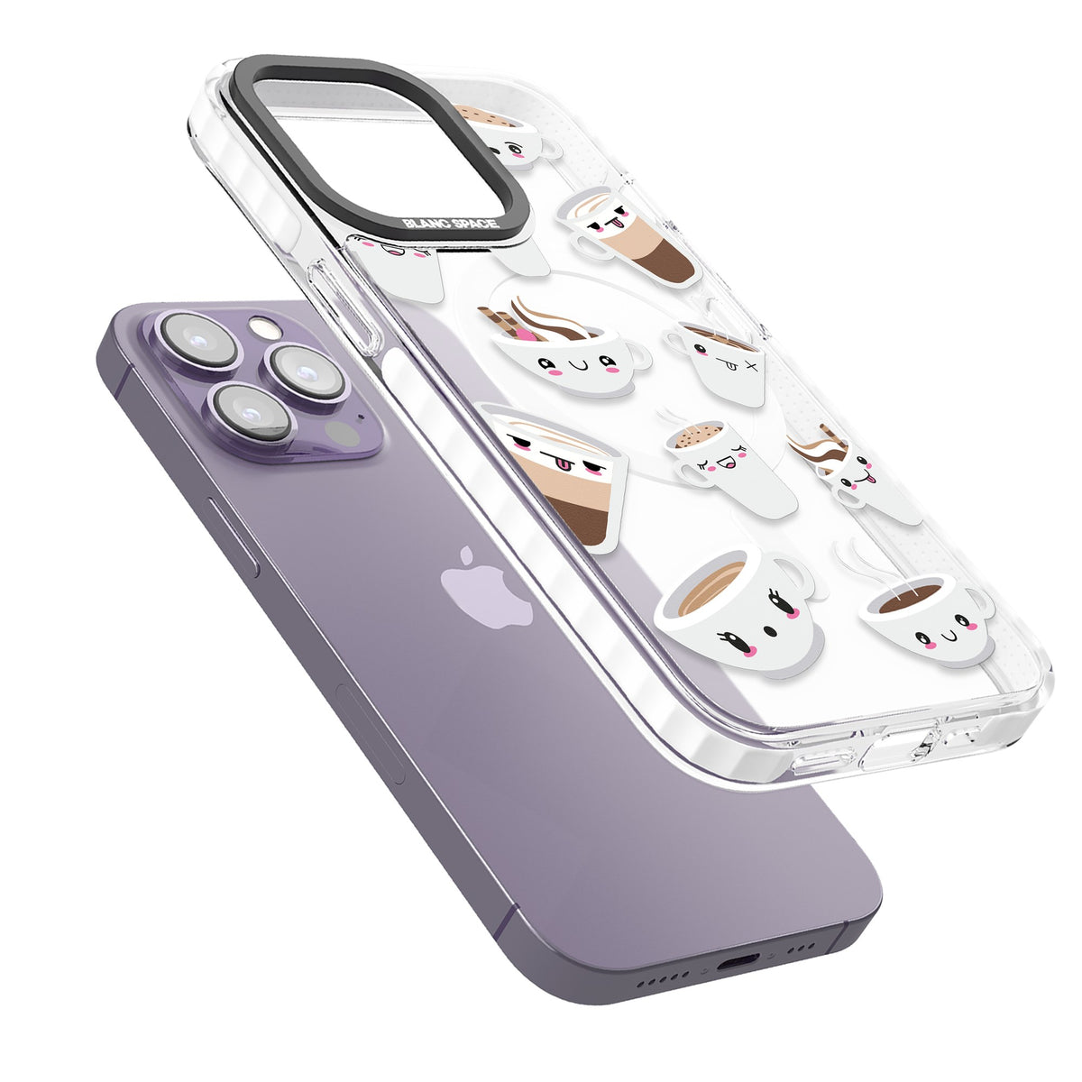 Coffee Faces iPhone 13 Pro / iPhone 13 Pro Max / iPhone 14 Pro / iPhone 14 Pro Max / iPhone 15 Pro / iPhone 15 Pro Max Impact Pro Clear Phone Case angled