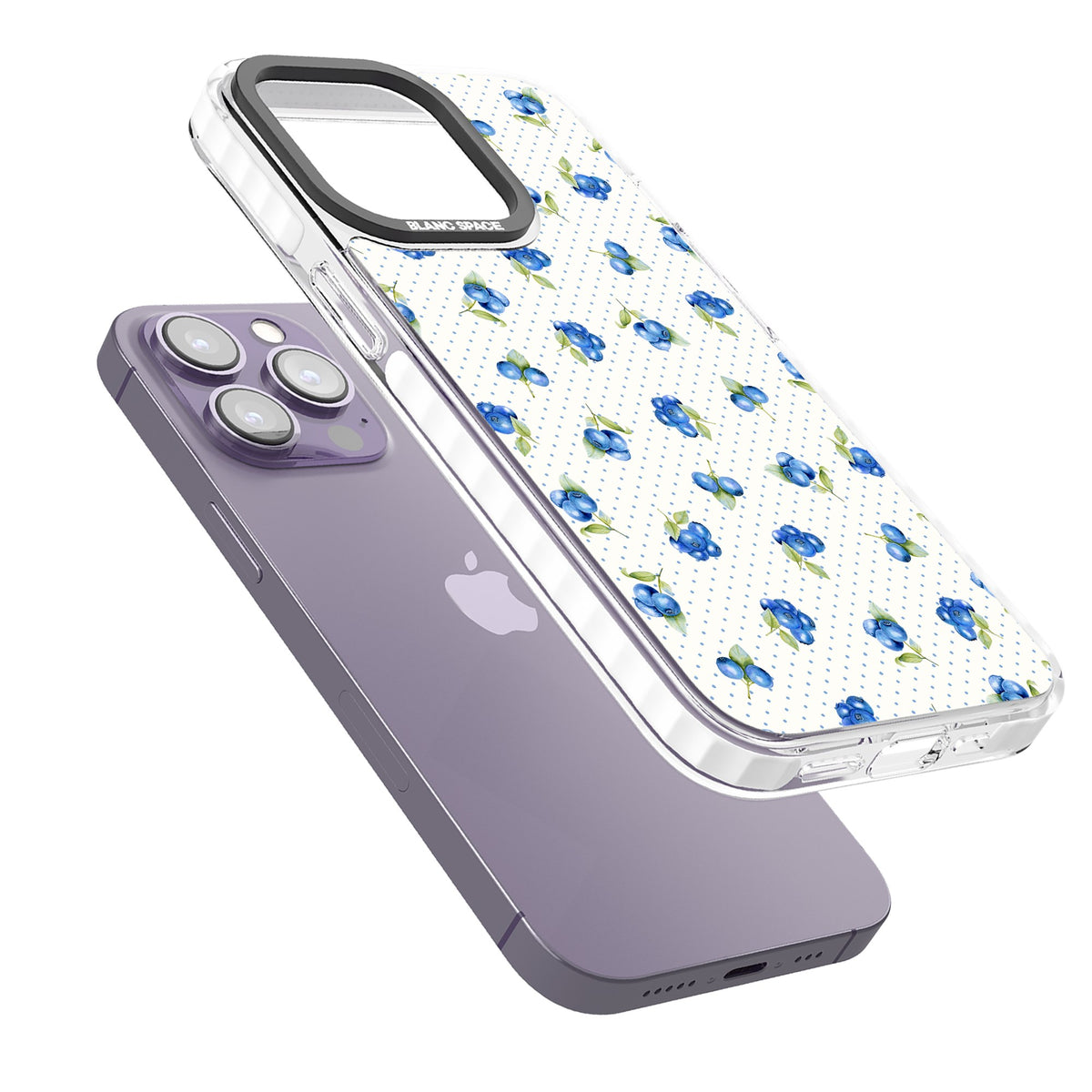 Blueberry Picnic iPhone 13 Pro / iPhone 13 Pro Max / iPhone 14 Pro / iPhone 14 Pro Max / iPhone 15 Pro / iPhone 15 Pro Max Impact Pro Clear Phone Case angled