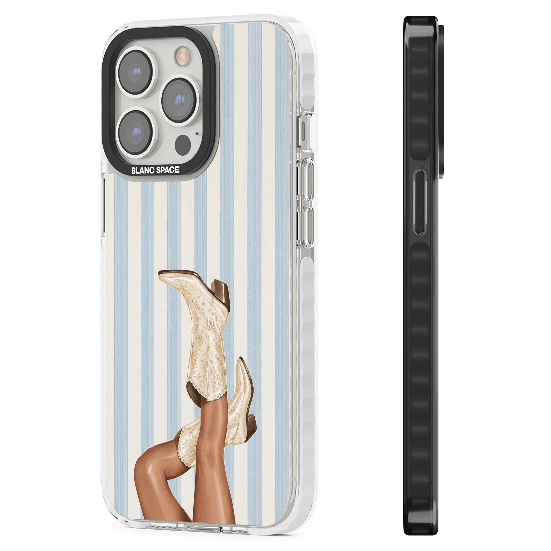 Cowgirl Boots coastal cowgirl iPhone case featuring embroidered western boots, tanned legs and a blue stripe backdrop | Impact Magsafe case for iPhone 13 Pro, iPhone 14 Pro, iPhone 15 Pro