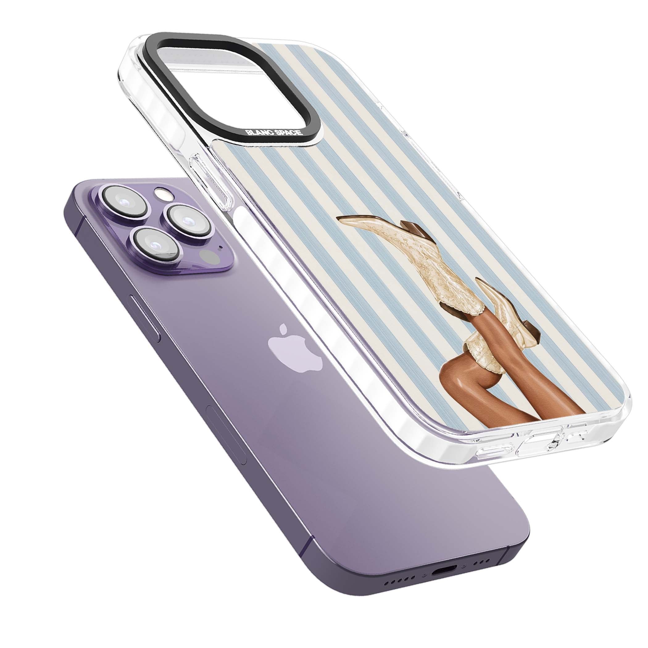 Cowgirl Boots coastal cowgirl iPhone case featuring embroidered western boots, tanned legs and a blue stripe backdrop | Impact Magsafe case for iPhone 13 Pro, iPhone 14 Pro, iPhone 15 Pro