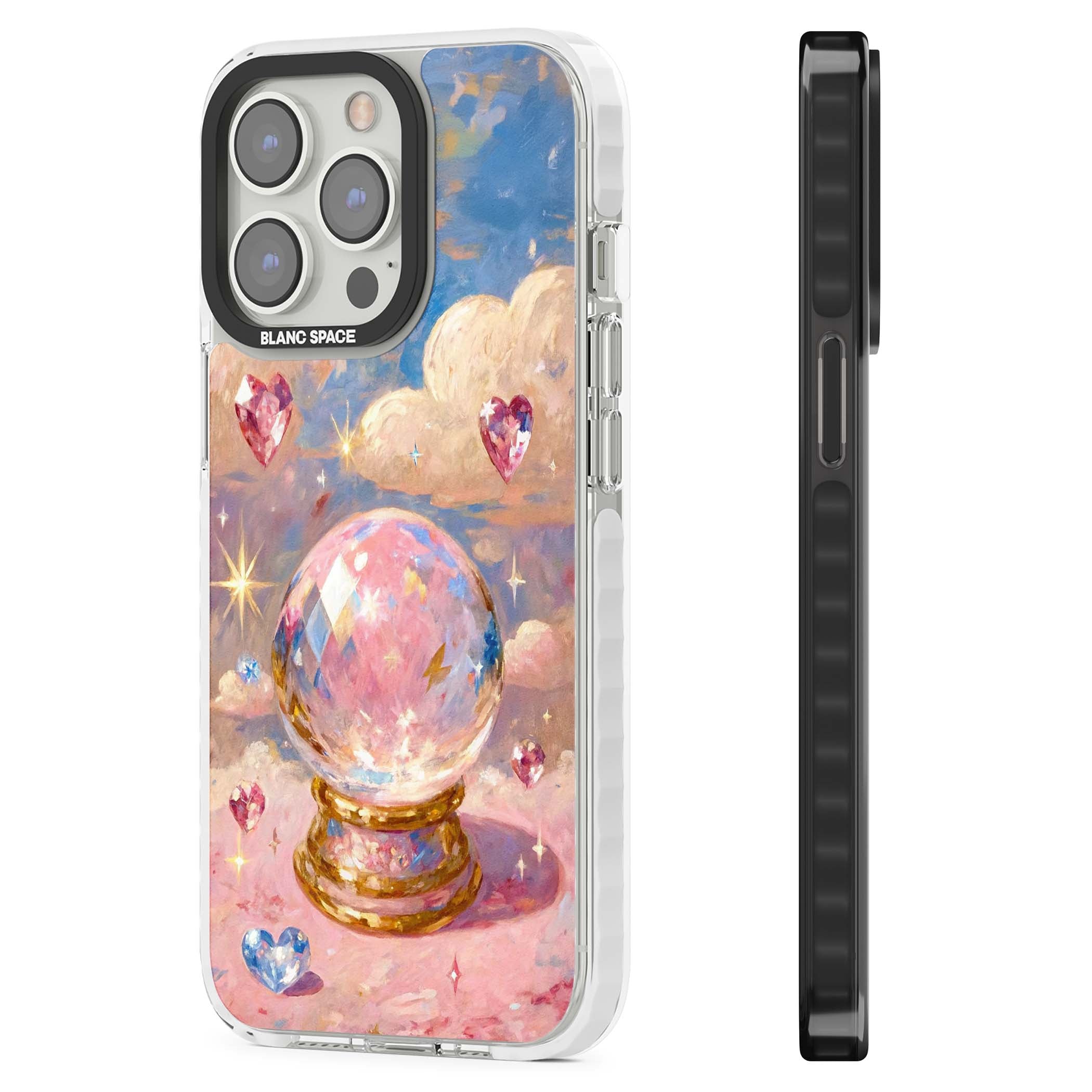 Crystal Ball fairycore iPhone case featuring a painted crystal ball, heart gemstones, and pastel clouds | Impact Magsafe case for iPhone 13 Pro, iPhone 14 Pro, iPhone 15 Pro