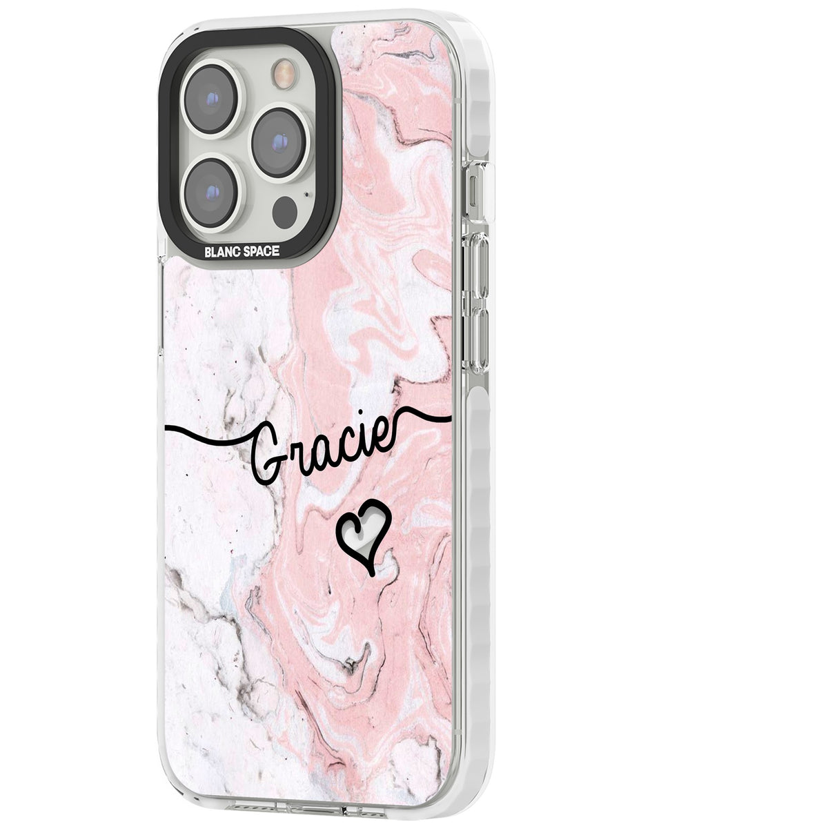 Personalised Pink Marble iPhone 13 Pro / iPhone 13 Pro Max / iPhone 14 Pro / iPhone 14 Pro Max / iPhone 15 Pro / iPhone 15 Pro Max Impact Pro Clear Phone Case side