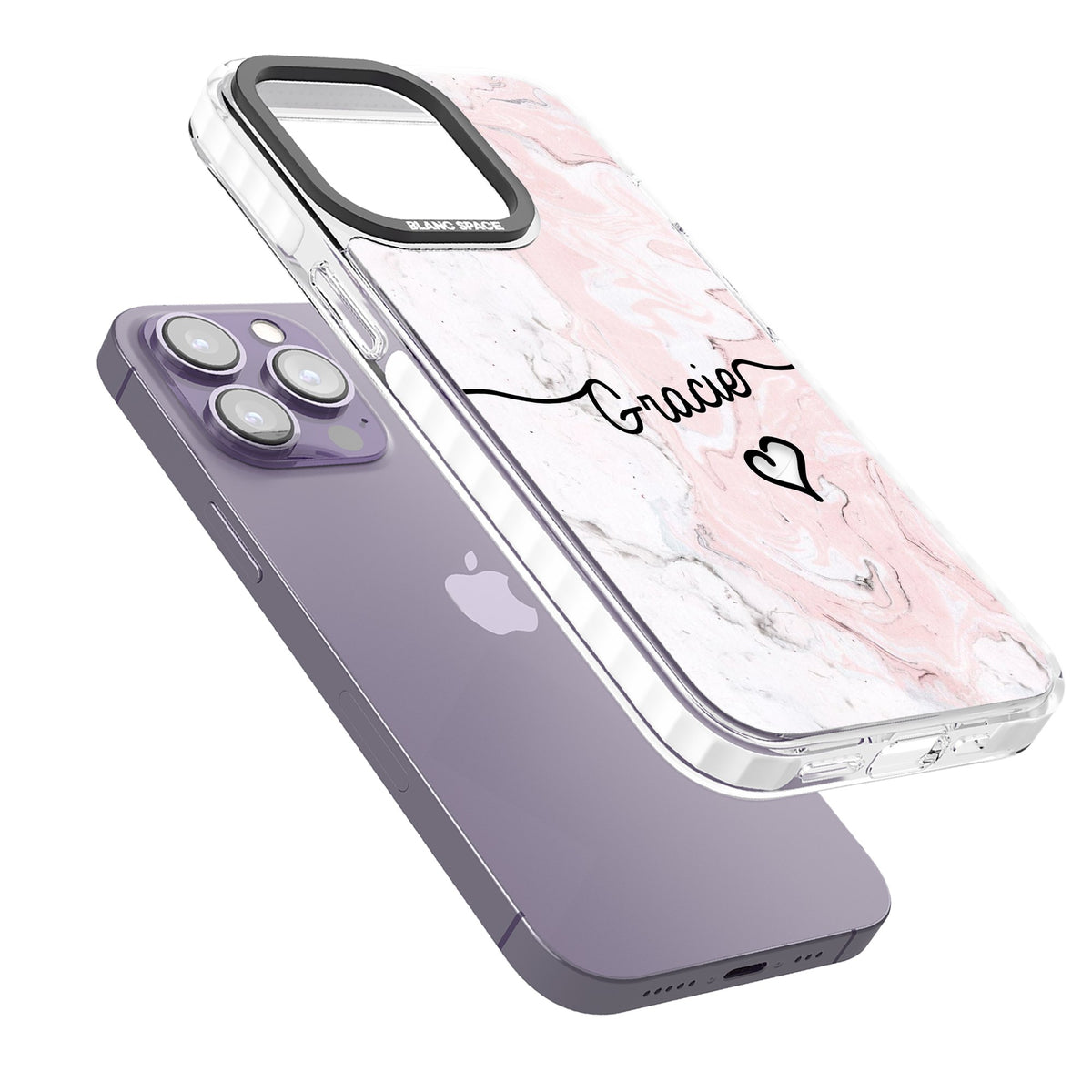 Personalised Pink Marble iPhone 13 Pro / iPhone 13 Pro Max / iPhone 14 Pro / iPhone 14 Pro Max / iPhone 15 Pro / iPhone 15 Pro Max Impact Pro Clear Phone Case angled