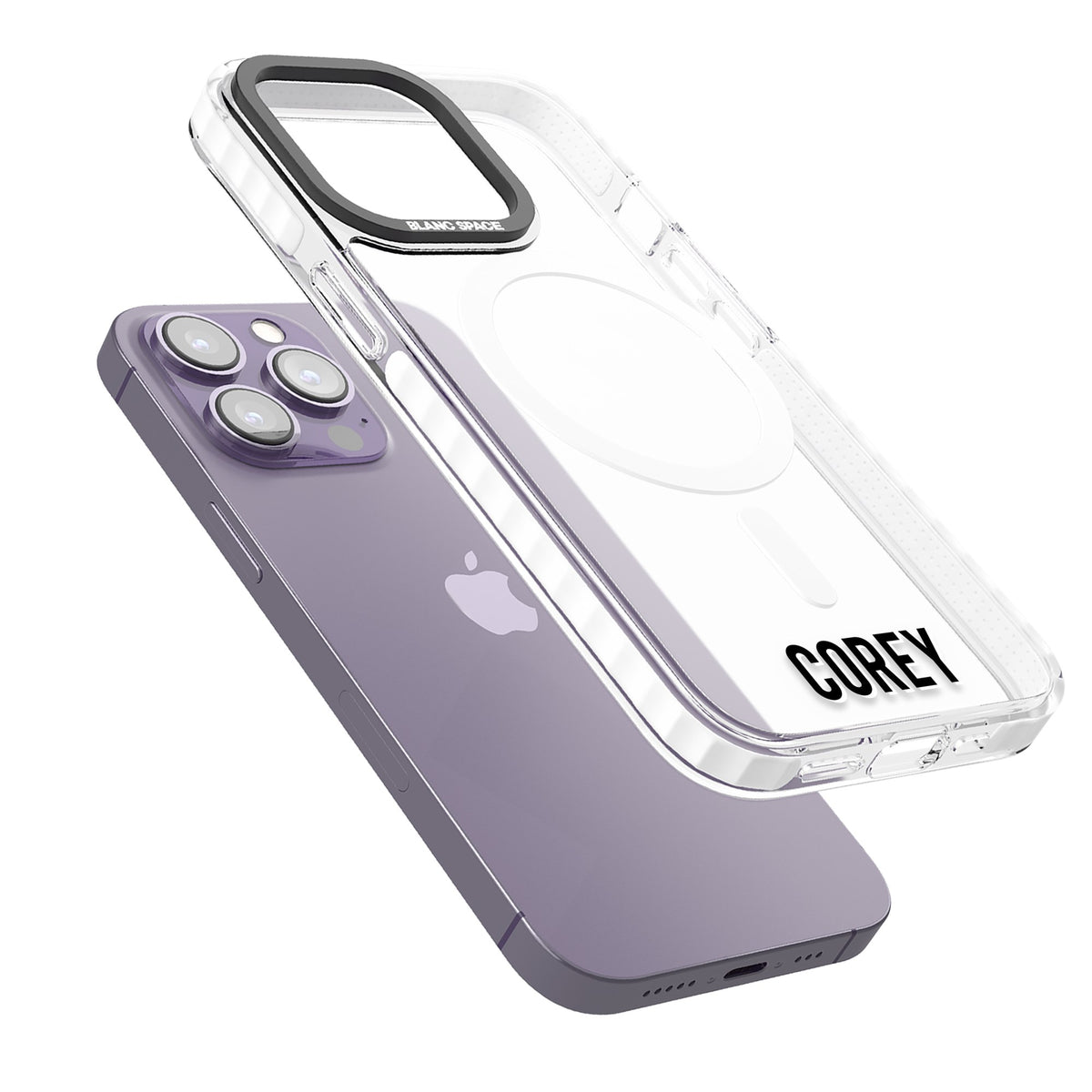 Personalised Name (Bottom) iPhone 13 Pro / iPhone 13 Pro Max / iPhone 14 Pro / iPhone 14 Pro Max / iPhone 15 Pro / iPhone 15 Pro Max Impact Pro Clear Phone Case angled