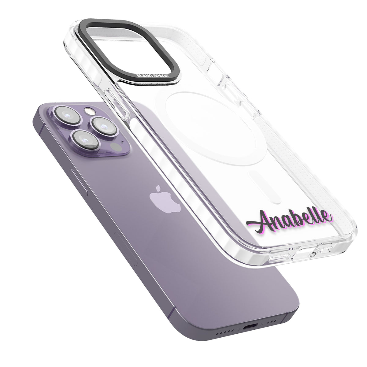 Personalised Cute Bottom Name iPhone 13 Pro / iPhone 13 Pro Max / iPhone 14 Pro / iPhone 14 Pro Max / iPhone 15 Pro / iPhone 15 Pro Max Impact Pro Clear Phone Case angled