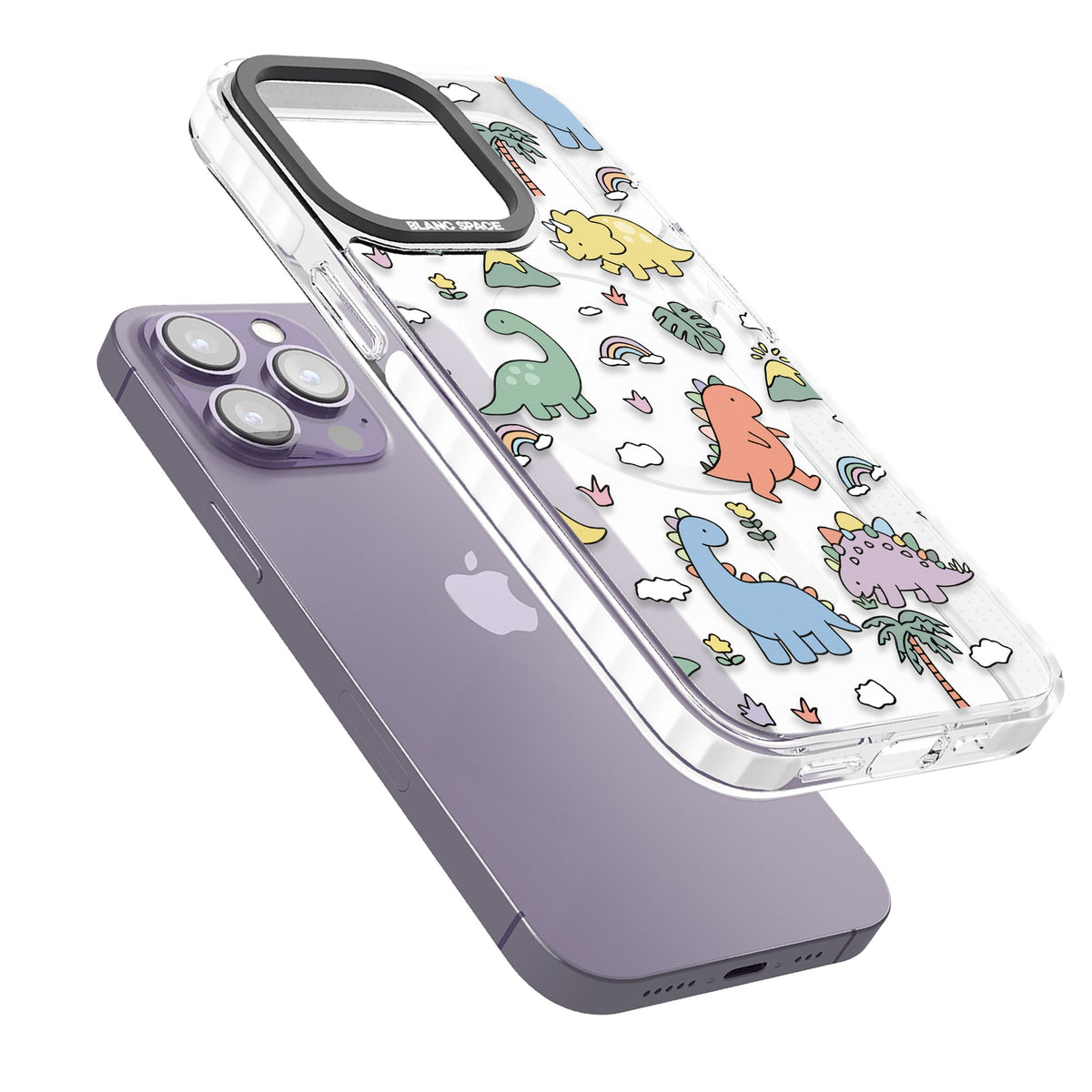Cute Dino Pattern iPhone 13 Pro / iPhone 13 Pro Max / iPhone 14 Pro / iPhone 14 Pro Max / iPhone 15 Pro / iPhone 15 Pro Max Impact Pro Clear Phone Case angled
