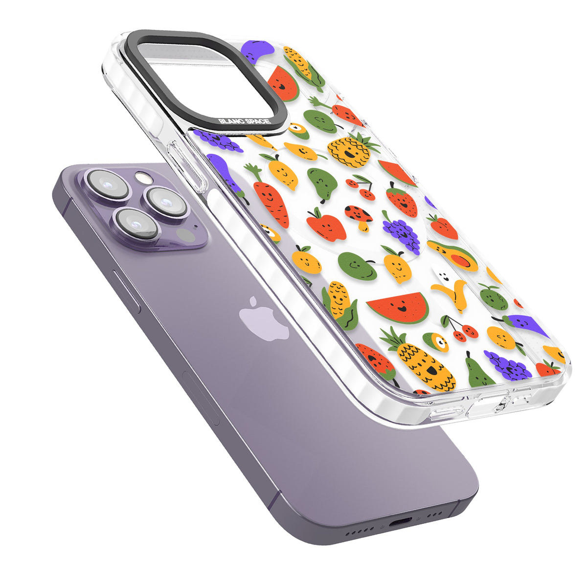 Playful Fruit Kawaii iPhone 13 Pro / iPhone 13 Pro Max / iPhone 14 Pro / iPhone 14 Pro Max / iPhone 15 Pro / iPhone 15 Pro Max Impact Pro Clear Phone Case angled