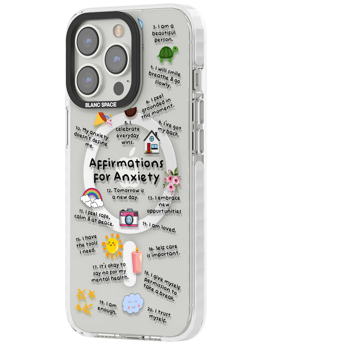 Anxiety Reminders (Black) iPhone 13 Pro / iPhone 13 Pro Max / iPhone 14 Pro / iPhone 14 Pro Max / iPhone 15 Pro / iPhone 15 Pro Max Impact Pro Clear Phone Case side