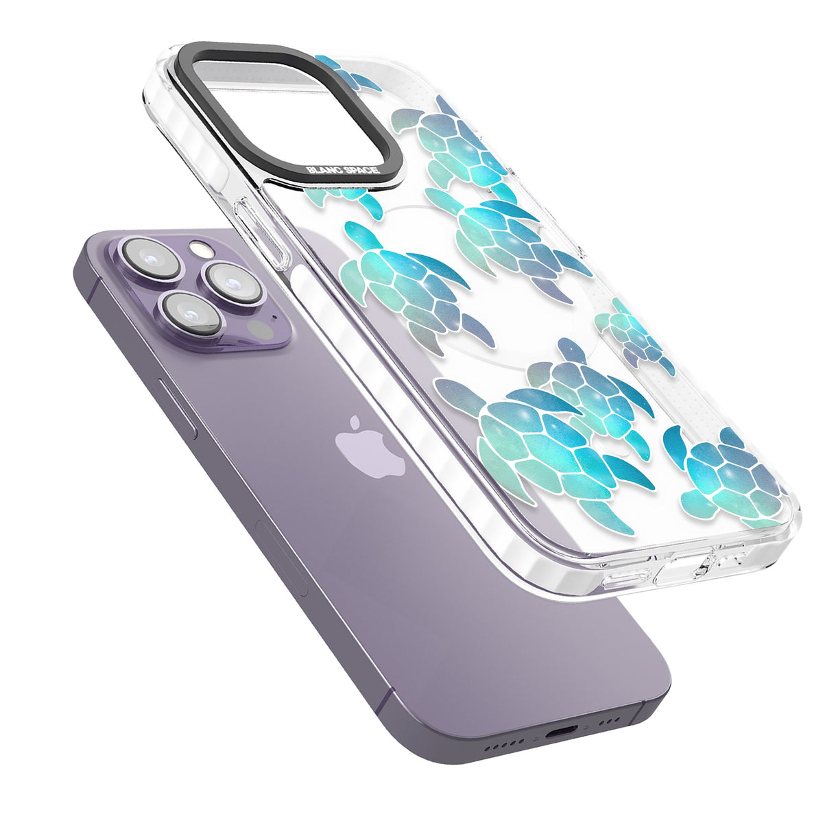 Aqua Space Turtles iPhone 13 Pro / iPhone 13 Pro Max / iPhone 14 Pro / iPhone 14 Pro Max / iPhone 15 Pro / iPhone 15 Pro Max Impact Pro Clear Phone Case angled
