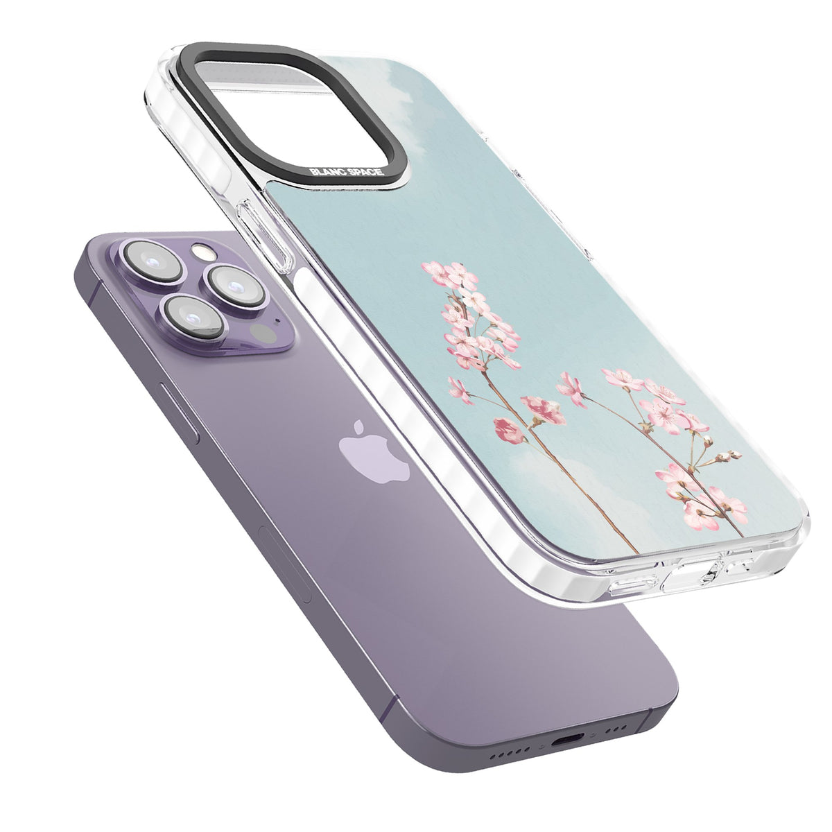 Blossom Flower Sky iPhone 13 Pro / iPhone 13 Pro Max / iPhone 14 Pro / iPhone 14 Pro Max / iPhone 15 Pro / iPhone 15 Pro Max Impact Pro Clear Phone Case angled