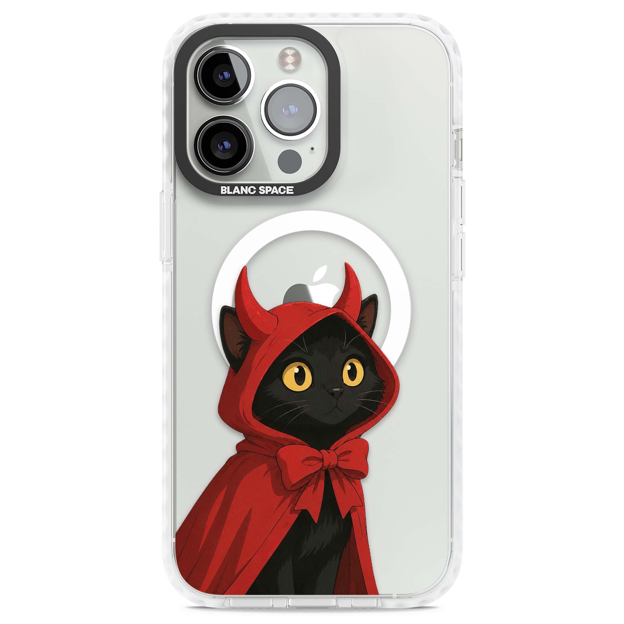 Little Devil halloween iPhone case featuring a black cat in a red hooded devil cloak with horns and golden eyes | Impact Magsafe case for iPhone 13 Pro, iPhone 14 Pro, iPhone 15 Pro