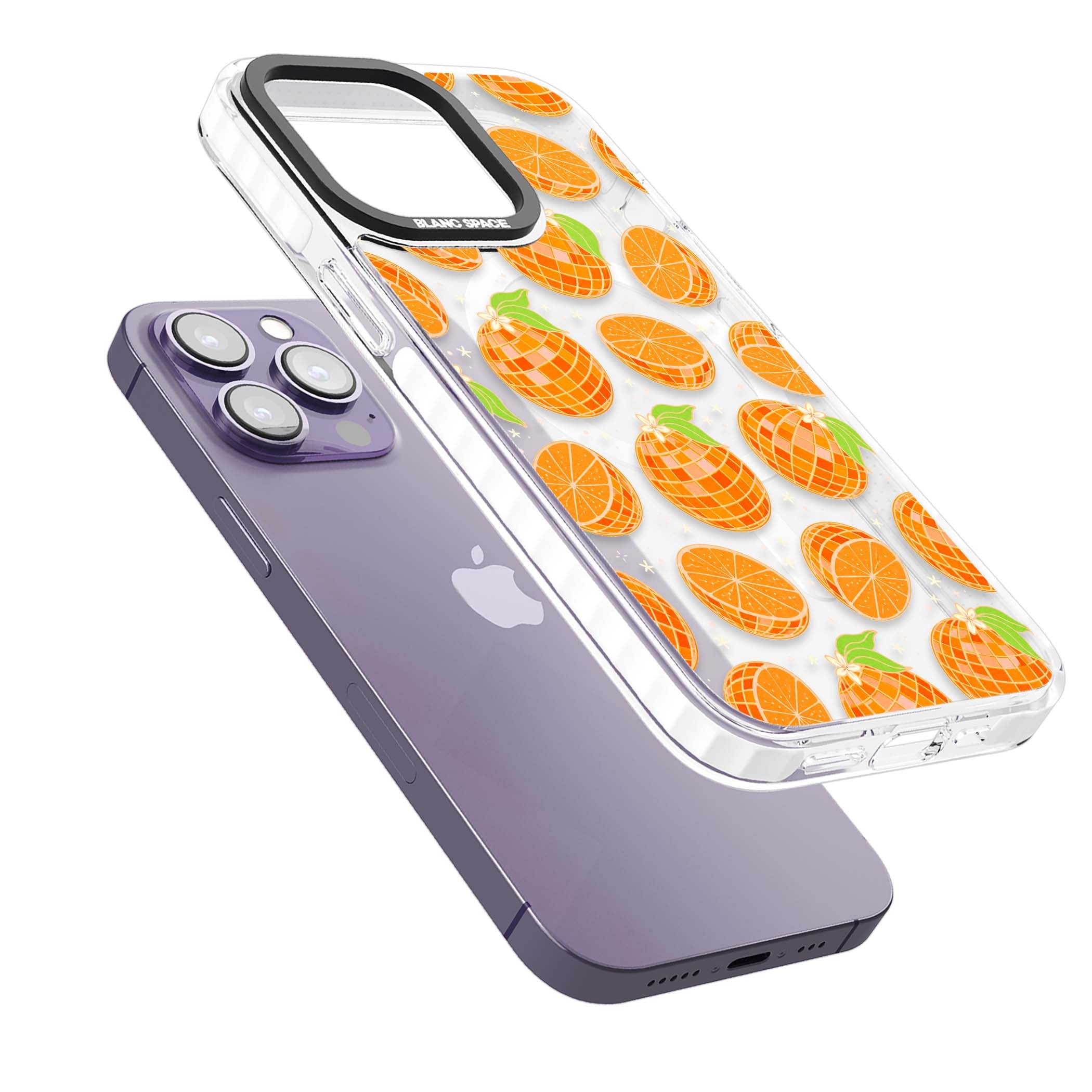 Disco Oranges retro iPhone case featuring mirrorball oranges, citrus slices and tiny blossoms on clear | Impact Magsafe case for iPhone 13 Pro, iPhone 14 Pro, iPhone 15 Pro