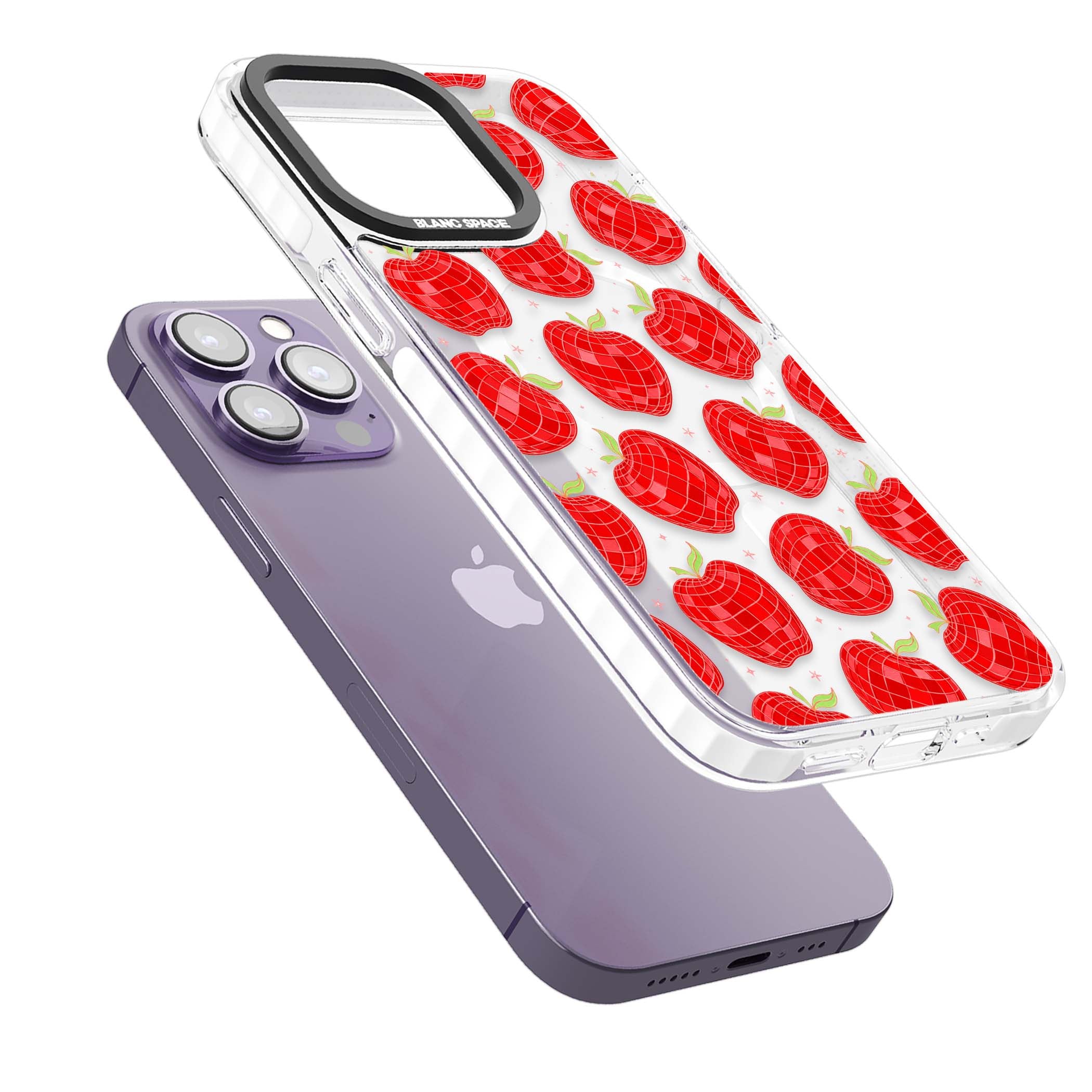 Disco Apples Y2K iPhone case featuring red disco ball apples, green leaves and pink sparkles on clear | Impact Magsafe case for iPhone 13 Pro, iPhone 14 Pro, iPhone 15 Pro