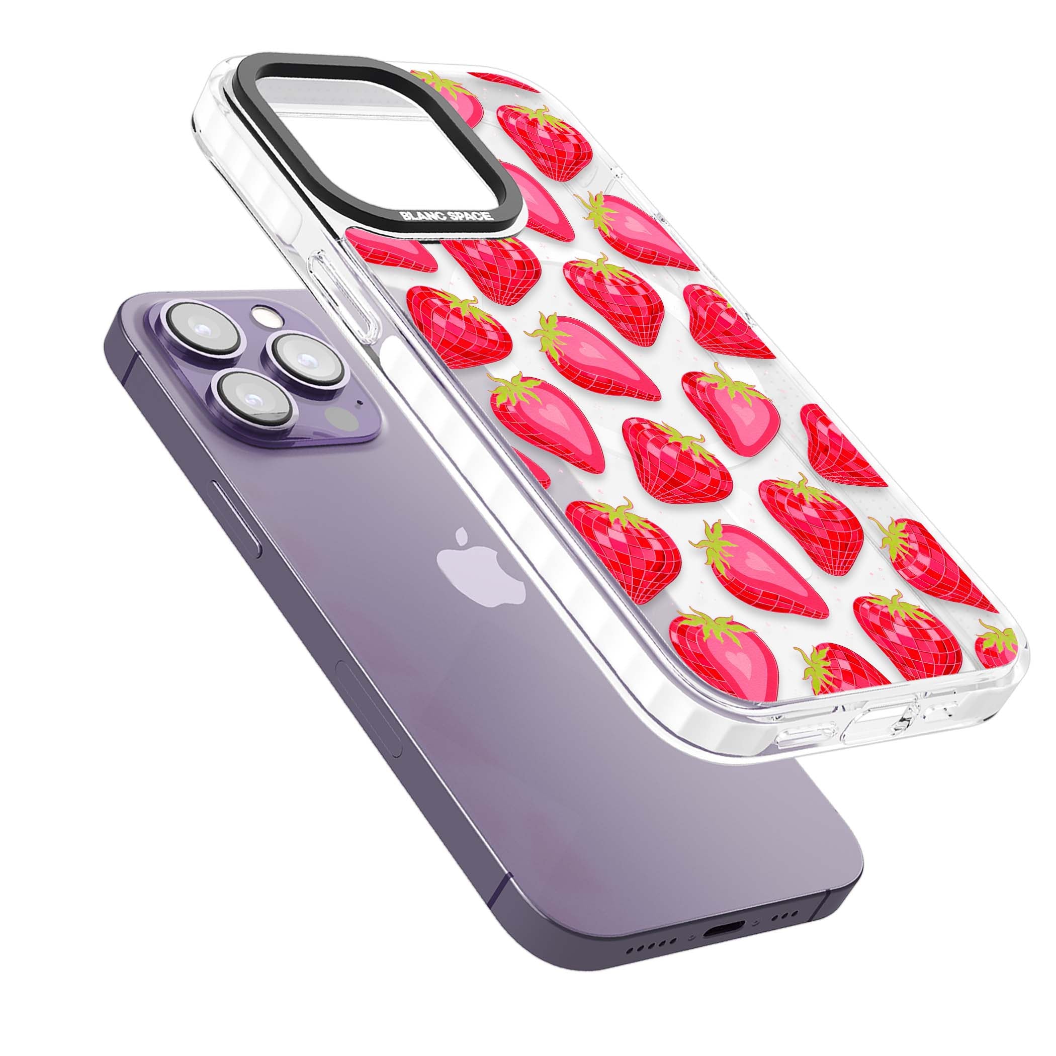 Disco Strawberry Y2K iPhone case featuring pink disco-ball strawberries, green leaves and tiny sparkles | Impact Magsafe case for iPhone 13 Pro, iPhone 14 Pro, iPhone 15 Pro