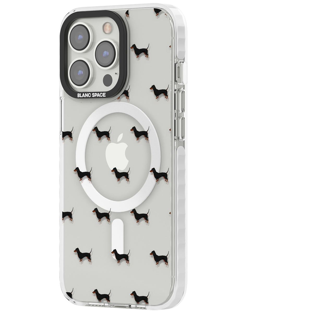 Dachshund Pattern Clear iPhone 13 Pro / iPhone 13 Pro Max / iPhone 14 Pro / iPhone 14 Pro Max / iPhone 15 Pro / iPhone 15 Pro Max Impact Pro Clear Phone Case side
