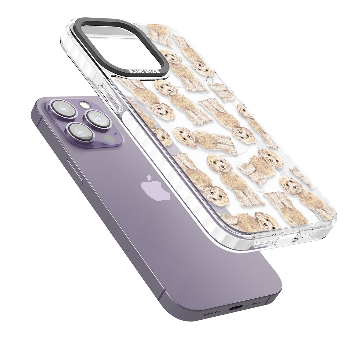 Cockapoo Patterned iPhone 13 Pro / iPhone 13 Pro Max / iPhone 14 Pro / iPhone 14 Pro Max / iPhone 15 Pro / iPhone 15 Pro Max Impact Pro Clear Phone Case angled