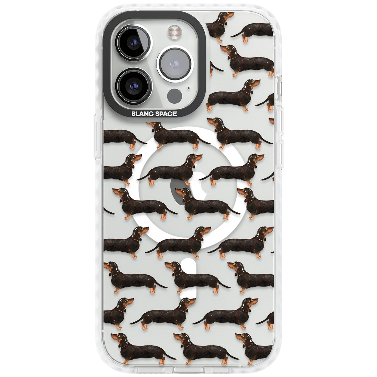 Dachshund Pattern Black Tan iPhone 13 Pro / iPhone 13 Pro Max / iPhone 14 Pro / iPhone 14 Pro Max / iPhone 15 Pro / iPhone 15 Pro Max Impact Pro Clear Phone Case front