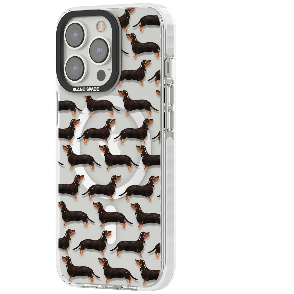 Dachshund Pattern Black Tan iPhone 13 Pro / iPhone 13 Pro Max / iPhone 14 Pro / iPhone 14 Pro Max / iPhone 15 Pro / iPhone 15 Pro Max Impact Pro Clear Phone Case side