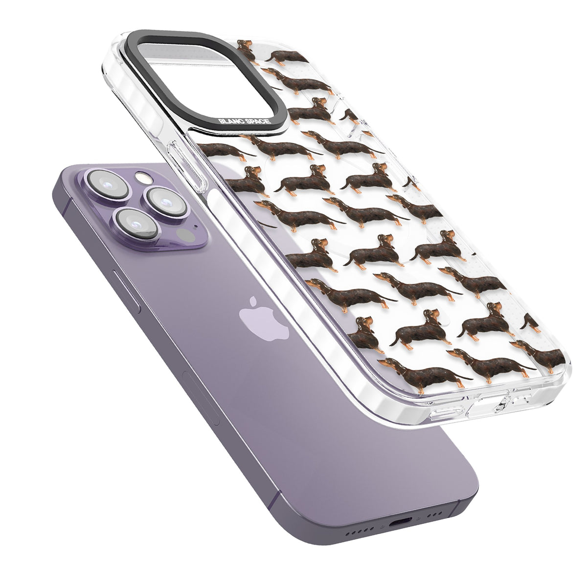 Dachshund Pattern Black Tan iPhone 13 Pro / iPhone 13 Pro Max / iPhone 14 Pro / iPhone 14 Pro Max / iPhone 15 Pro / iPhone 15 Pro Max Impact Pro Clear Phone Case angled