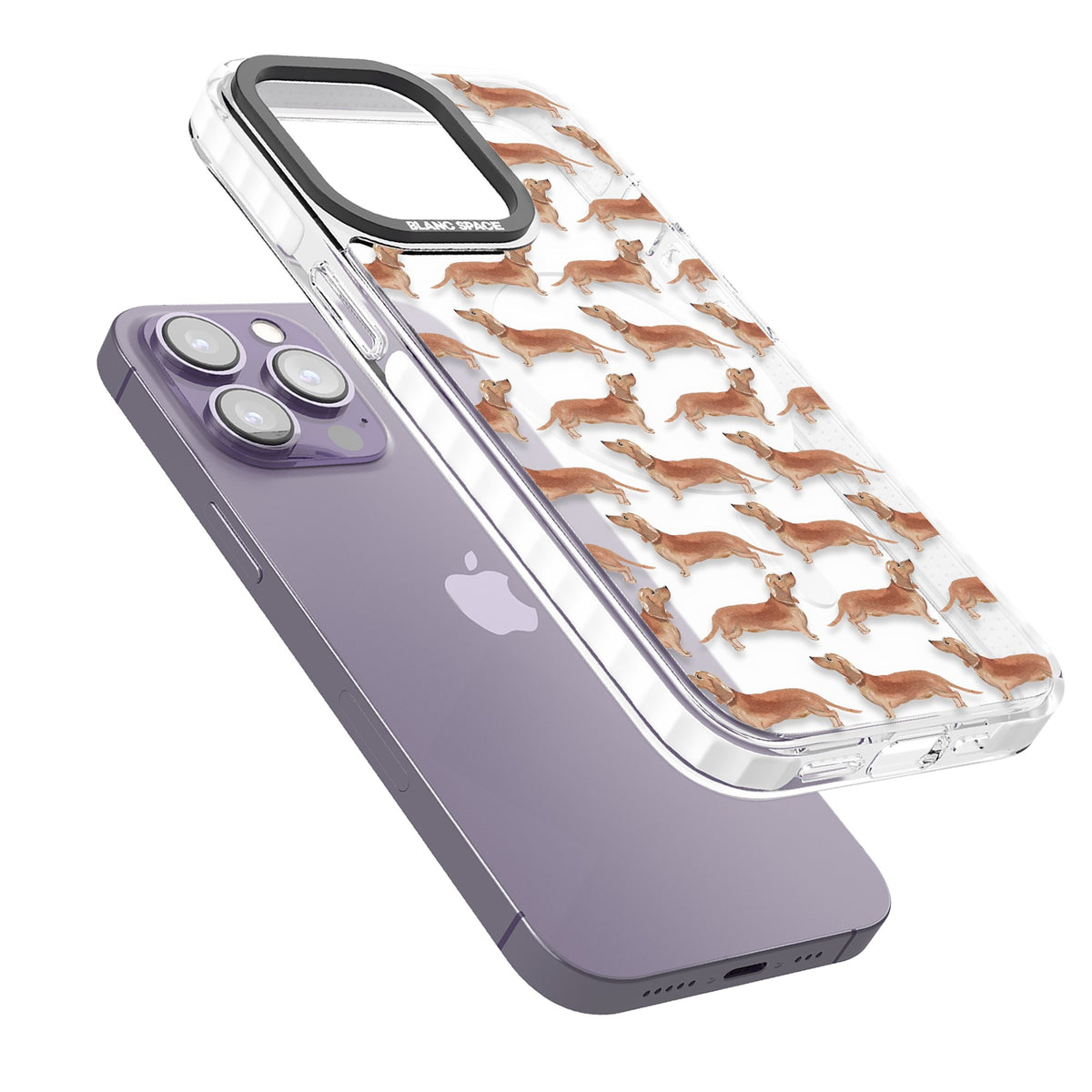 Dachshund Watercolor Dog Pattern iPhone 13 Pro / iPhone 13 Pro Max / iPhone 14 Pro / iPhone 14 Pro Max / iPhone 15 Pro / iPhone 15 Pro Max Impact Pro Clear Phone Case angled
