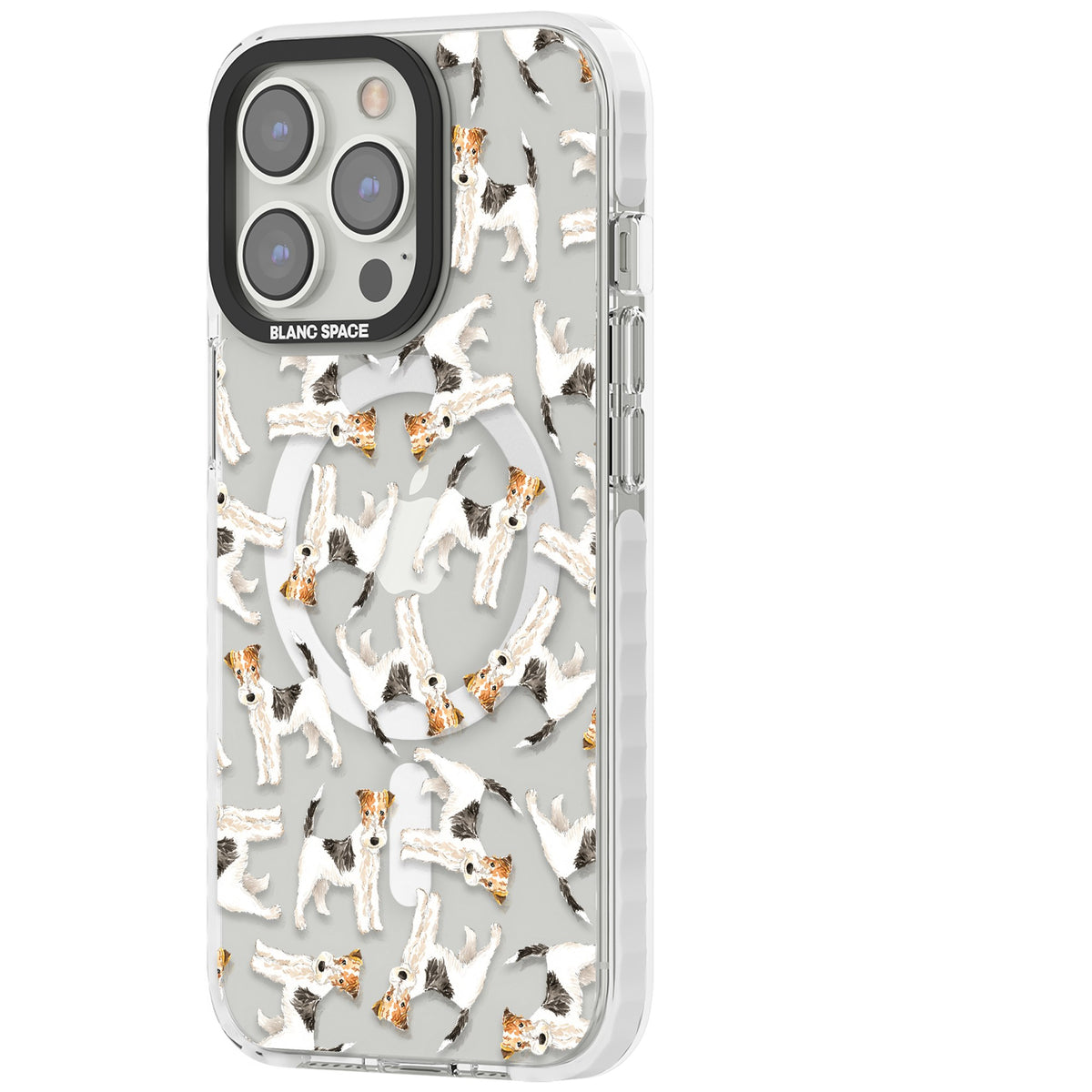 Wire Haired Fox Terrier Dog Pattern iPhone 13 Pro / iPhone 13 Pro Max / iPhone 14 Pro / iPhone 14 Pro Max / iPhone 15 Pro / iPhone 15 Pro Max Impact Pro Clear Phone Case side