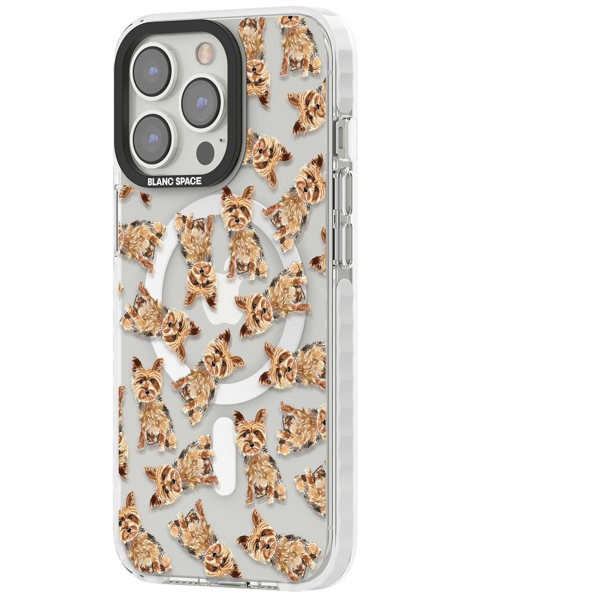 Yorkshire Terrier Dog Pattern iPhone 13 Pro / iPhone 13 Pro Max / iPhone 14 Pro / iPhone 14 Pro Max / iPhone 15 Pro / iPhone 15 Pro Max Impact Pro Clear Phone Case side