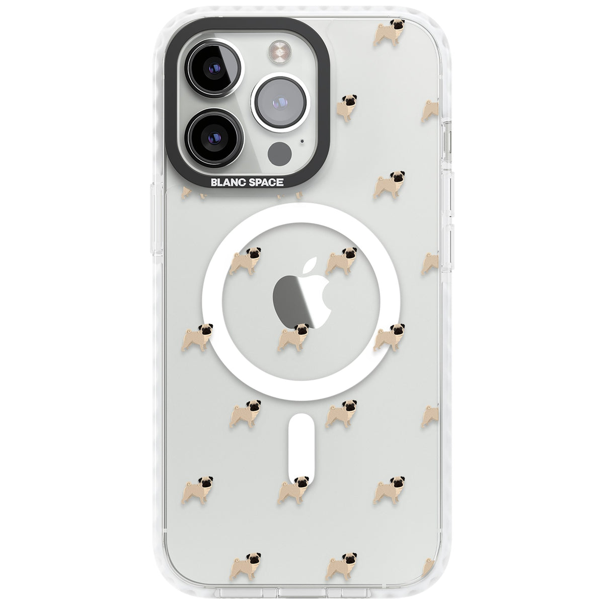 Pug Pattern iPhone 13 Pro / iPhone 13 Pro Max / iPhone 14 Pro / iPhone 14 Pro Max / iPhone 15 Pro / iPhone 15 Pro Max Impact Pro Clear Phone Case front