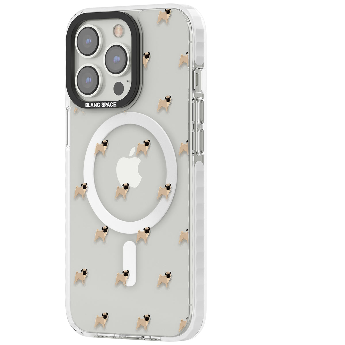 Pug Pattern iPhone 13 Pro / iPhone 13 Pro Max / iPhone 14 Pro / iPhone 14 Pro Max / iPhone 15 Pro / iPhone 15 Pro Max Impact Pro Clear Phone Case side