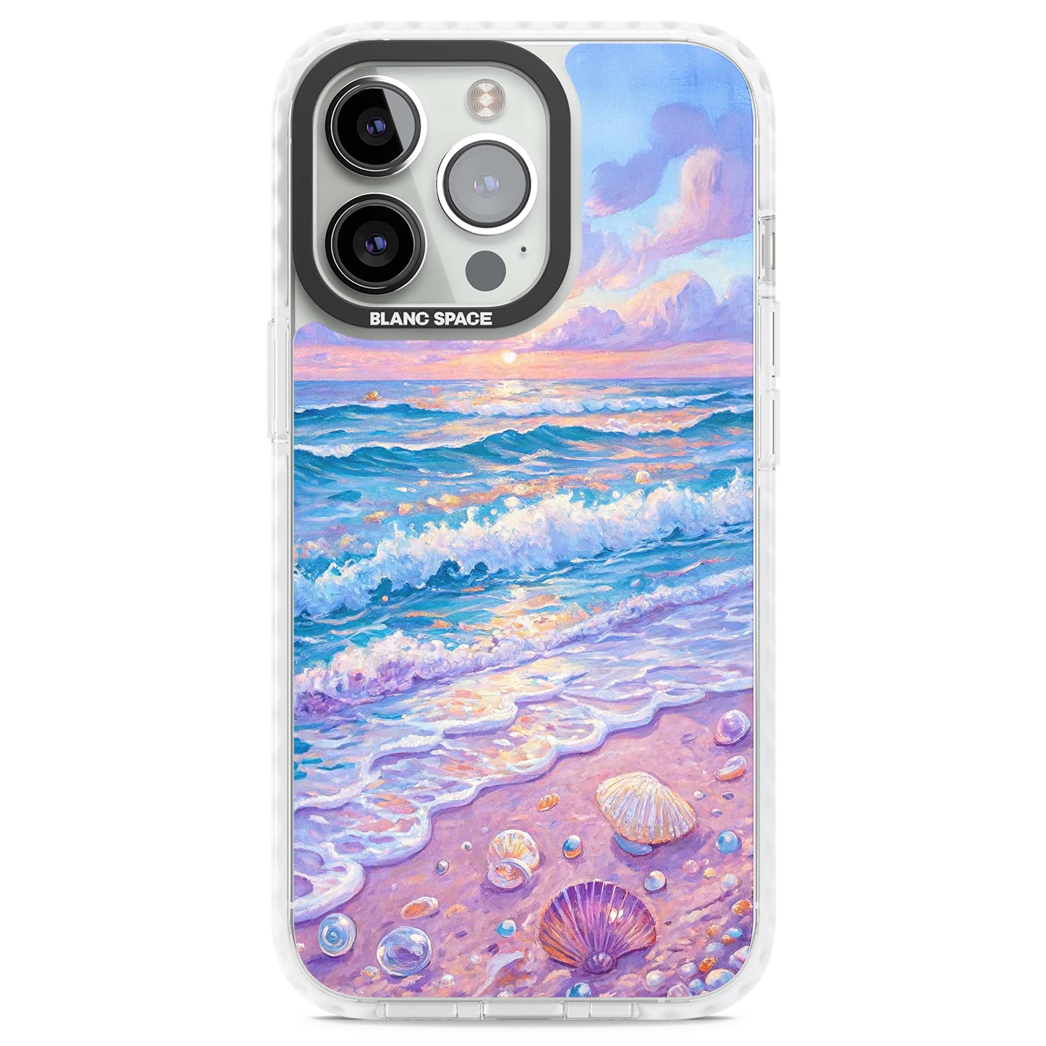 Pearl Shore coastal iPhone case featuring pastel painted waves, seashells, and a sunrise sky over a lavender beach. | Impact Magsafe case for iPhone 13 Pro, iPhone 14 Pro, iPhone 15 Pro