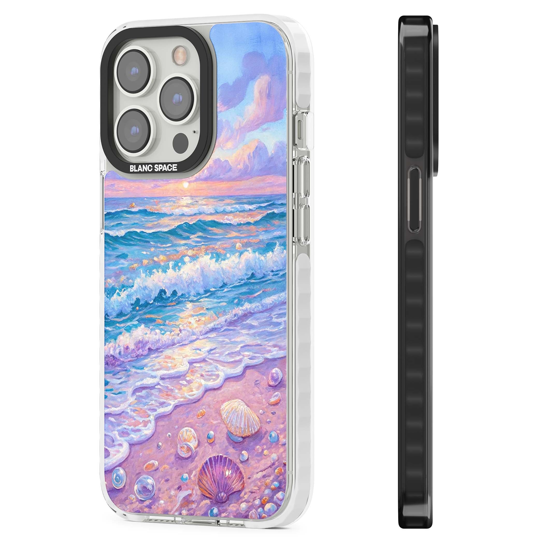 Pearl Shore coastal iPhone case featuring pastel painted waves, seashells, and a sunrise sky over a lavender beach. | Impact Magsafe case for iPhone 13 Pro, iPhone 14 Pro, iPhone 15 Pro