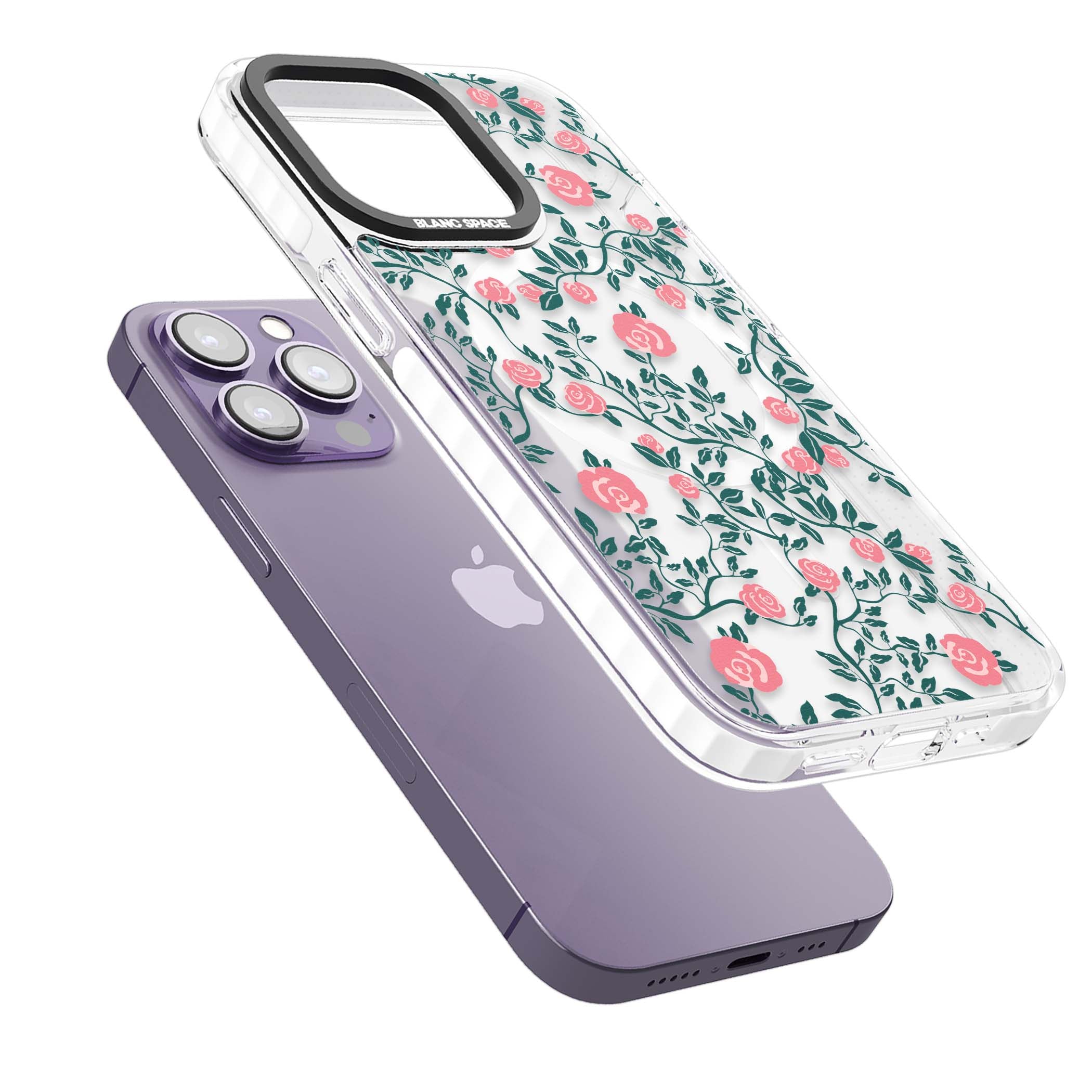 Rose Trellis (Clear) cottagecore iPhone case featuring pink climbing roses and green leaves on clear background | Impact Magsafe case for iPhone 13 Pro, iPhone 14 Pro, iPhone 15 Pro