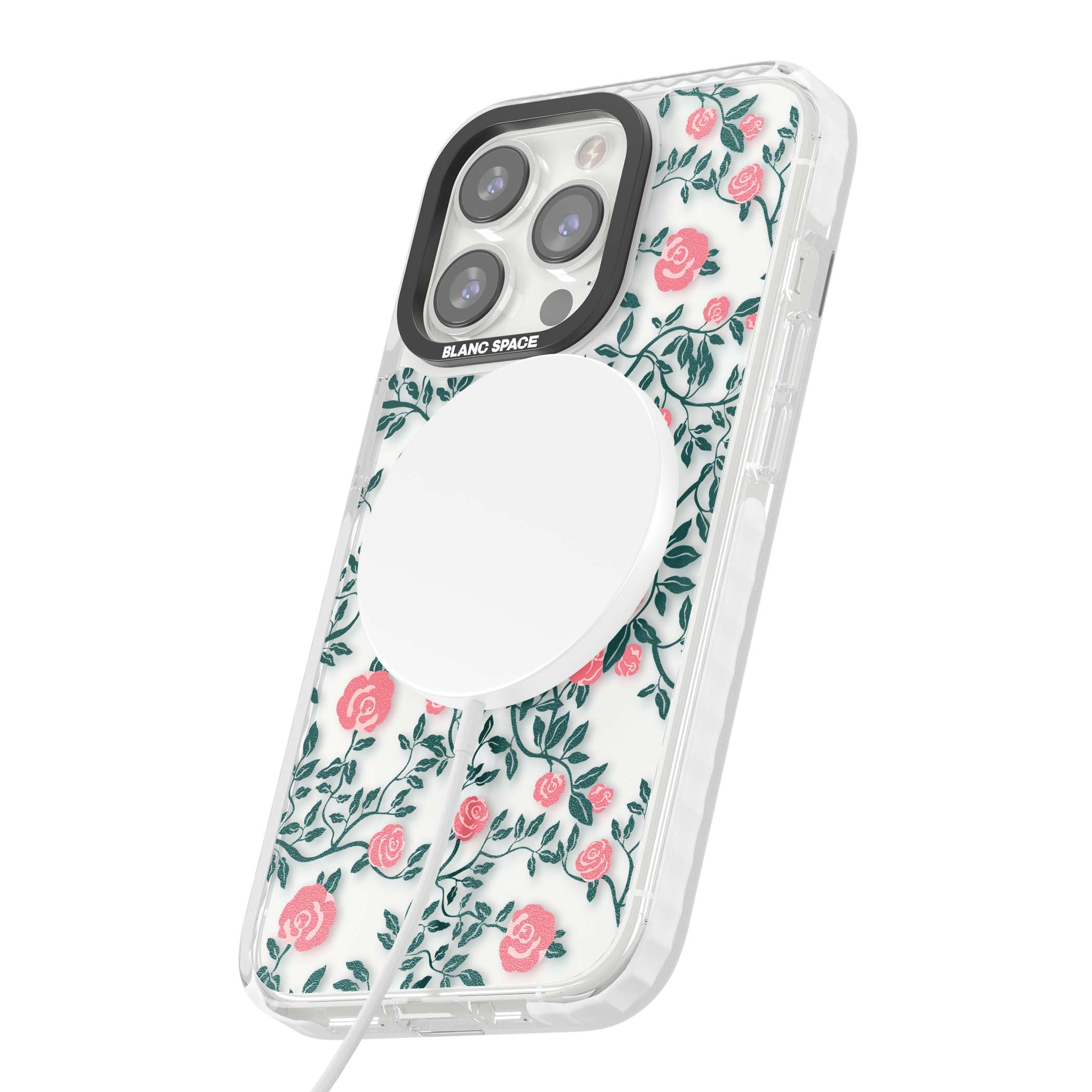 Rose Trellis (Clear) cottagecore iPhone case featuring pink climbing roses and green leaves on clear background | Impact Magsafe case for iPhone 13 Pro, iPhone 14 Pro, iPhone 15 Pro