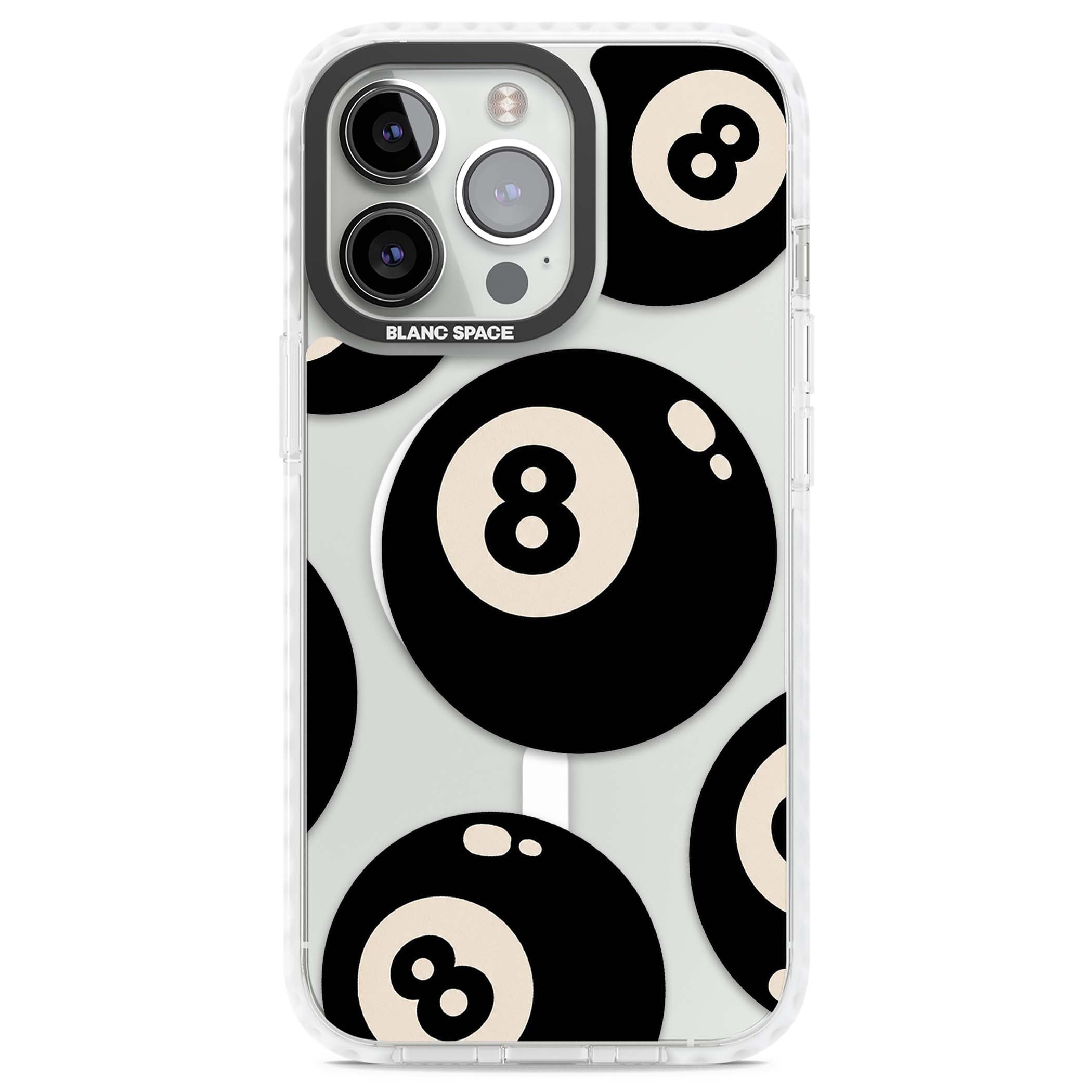Eights y2k iPhone case featuring scattered black 8 balls with cream highlights on a clear background | Impact Magsafe case for iPhone 13 Pro, iPhone 14 Pro, iPhone 15 Pro
