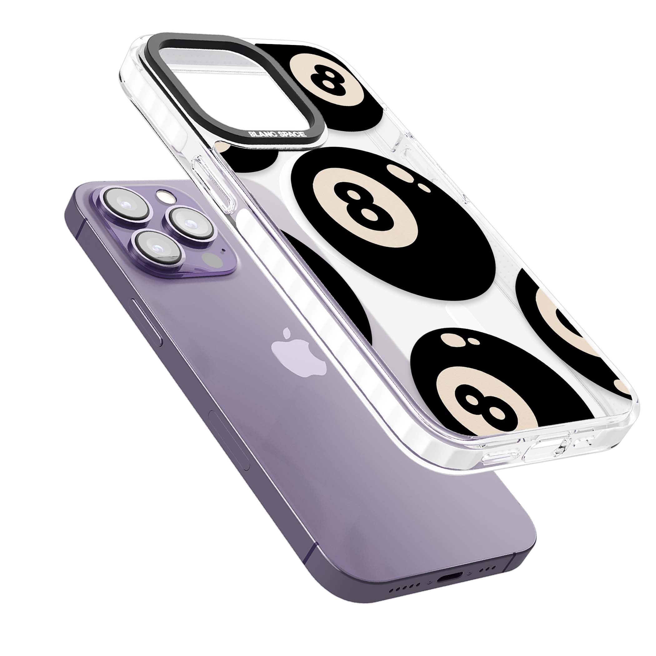 Eights y2k iPhone case featuring scattered black 8 balls with cream highlights on a clear background | Impact Magsafe case for iPhone 13 Pro, iPhone 14 Pro, iPhone 15 Pro