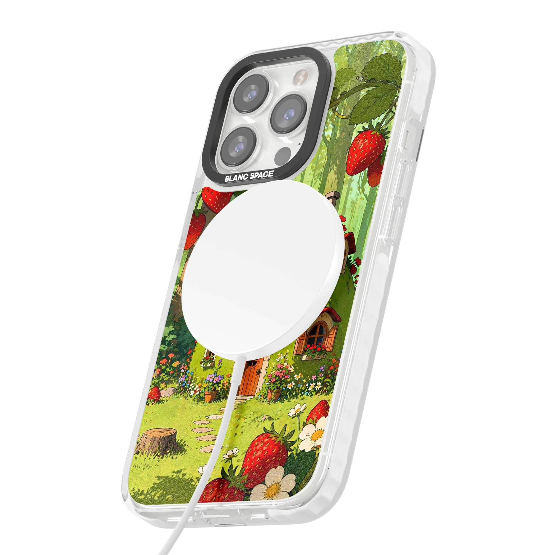 Strawberry Cottage cottagecore iPhone case featuring a green fairy house, wild strawberries and enchanted forest flowers | Impact Magsafe case for iPhone 13 Pro, iPhone 14 Pro, iPhone 15 Pro
