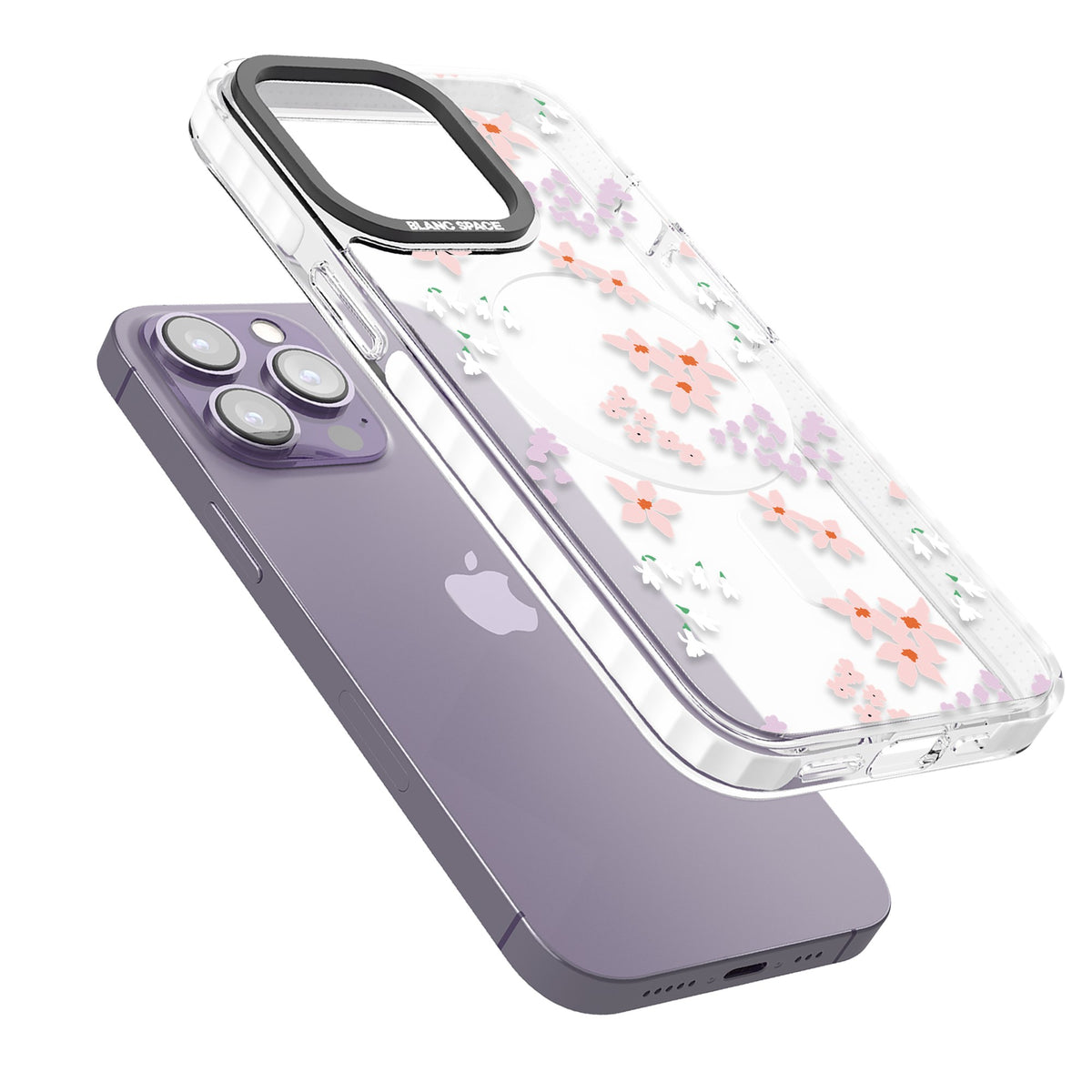 Rose & Violet Flower Mix iPhone 13 Pro / iPhone 13 Pro Max / iPhone 14 Pro / iPhone 14 Pro Max / iPhone 15 Pro / iPhone 15 Pro Max Impact Pro Clear Phone Case angled