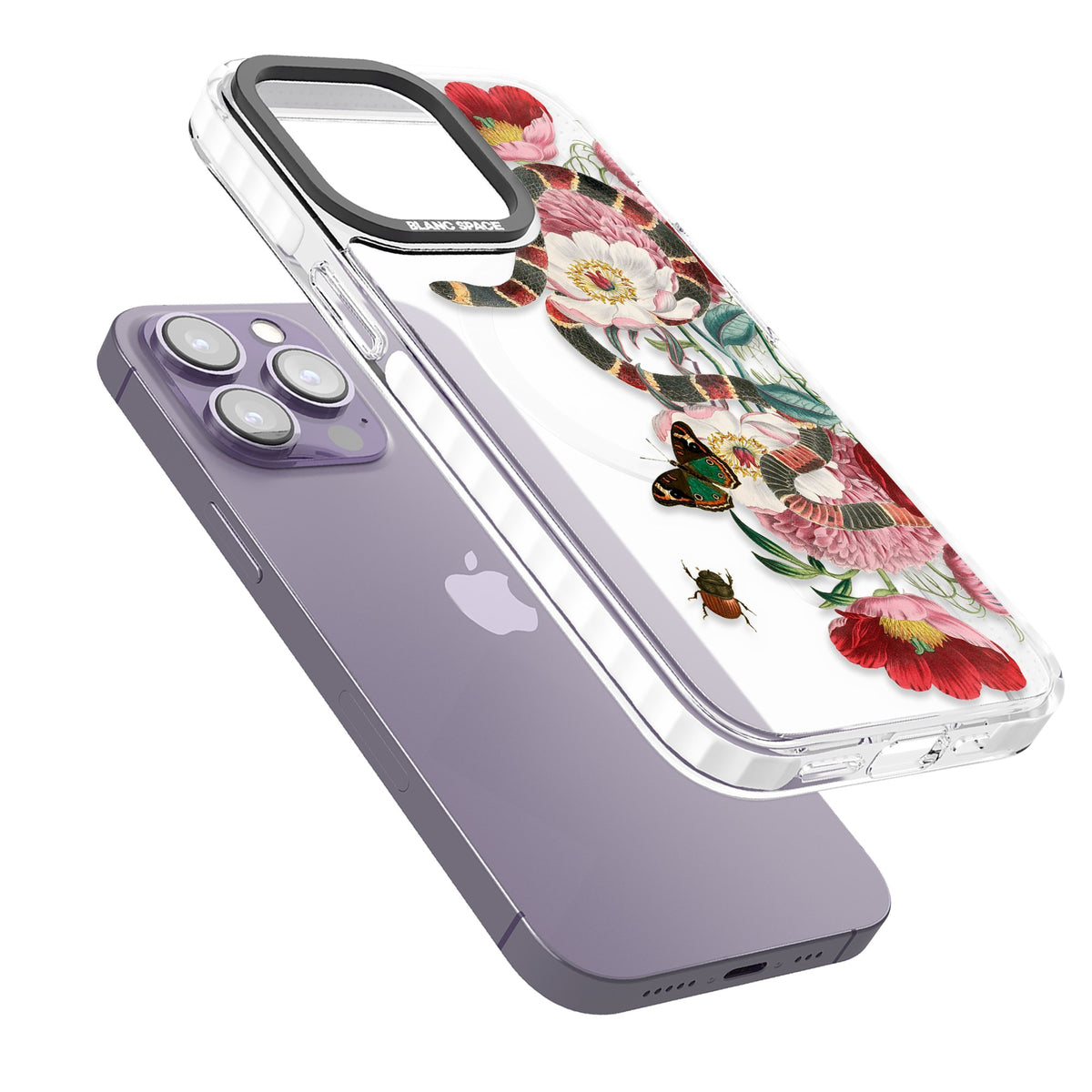 Floral Snake iPhone 13 Pro / iPhone 13 Pro Max / iPhone 14 Pro / iPhone 14 Pro Max / iPhone 15 Pro / iPhone 15 Pro Max Impact Pro Clear Phone Case angled