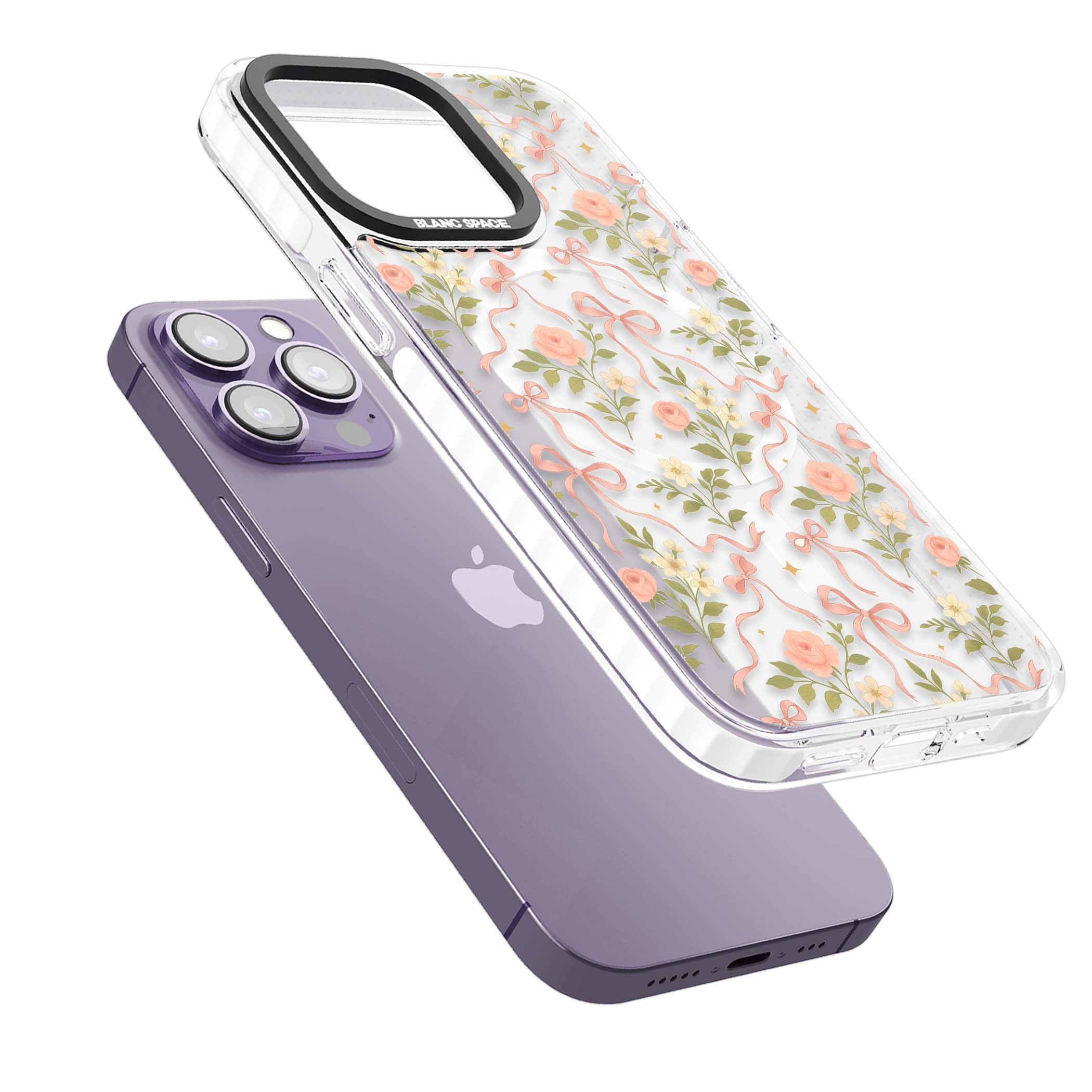 Ribbon Garden coquette iPhone case featuring pink bows, peach roses and wildflowers on white background | Impact Magsafe case for iPhone 13 Pro, iPhone 14 Pro, iPhone 15 Pro