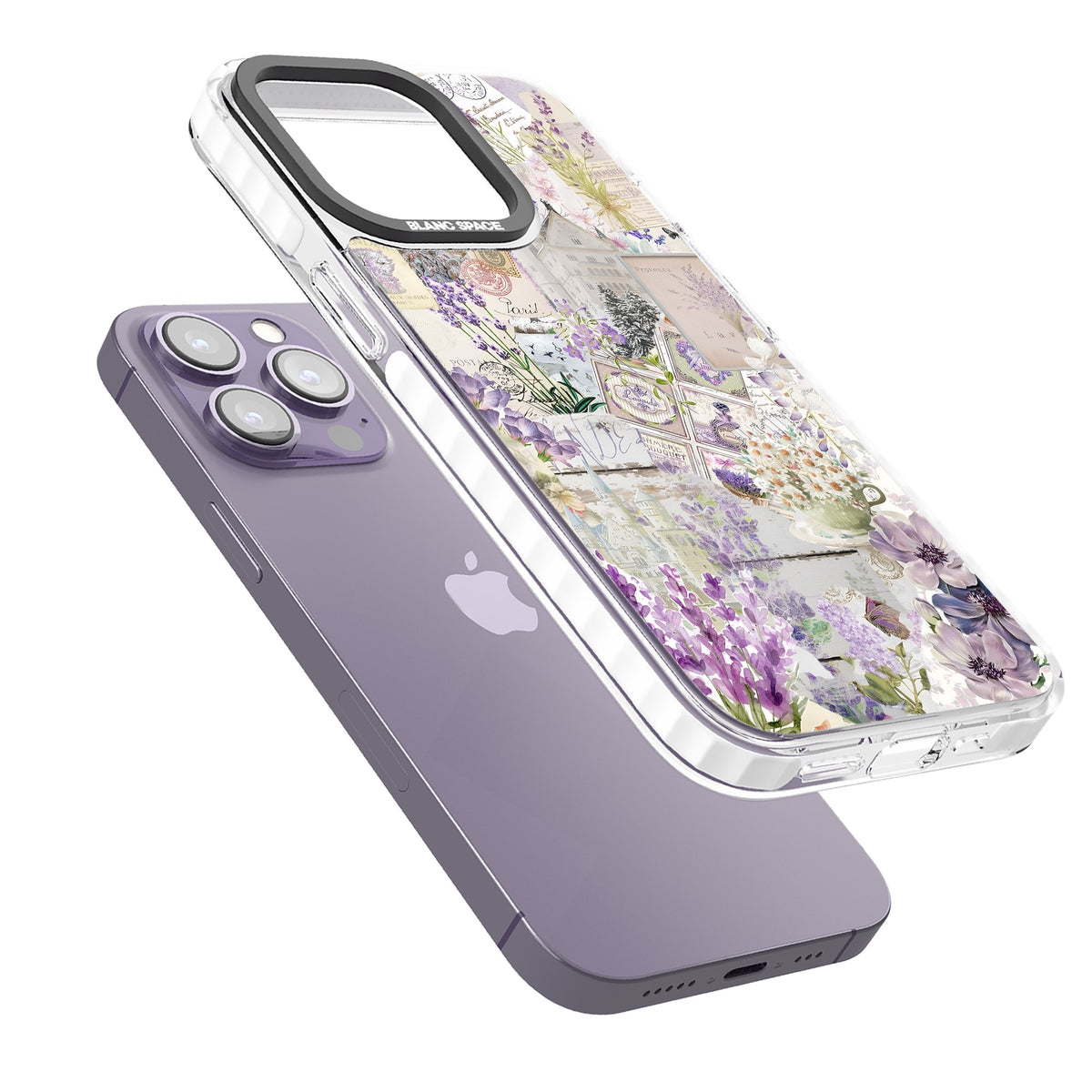 Soft Lavender Collage iPhone 13 Pro / iPhone 13 Pro Max / iPhone 14 Pro / iPhone 14 Pro Max / iPhone 15 Pro / iPhone 15 Pro Max Impact Pro Clear Phone Case angled