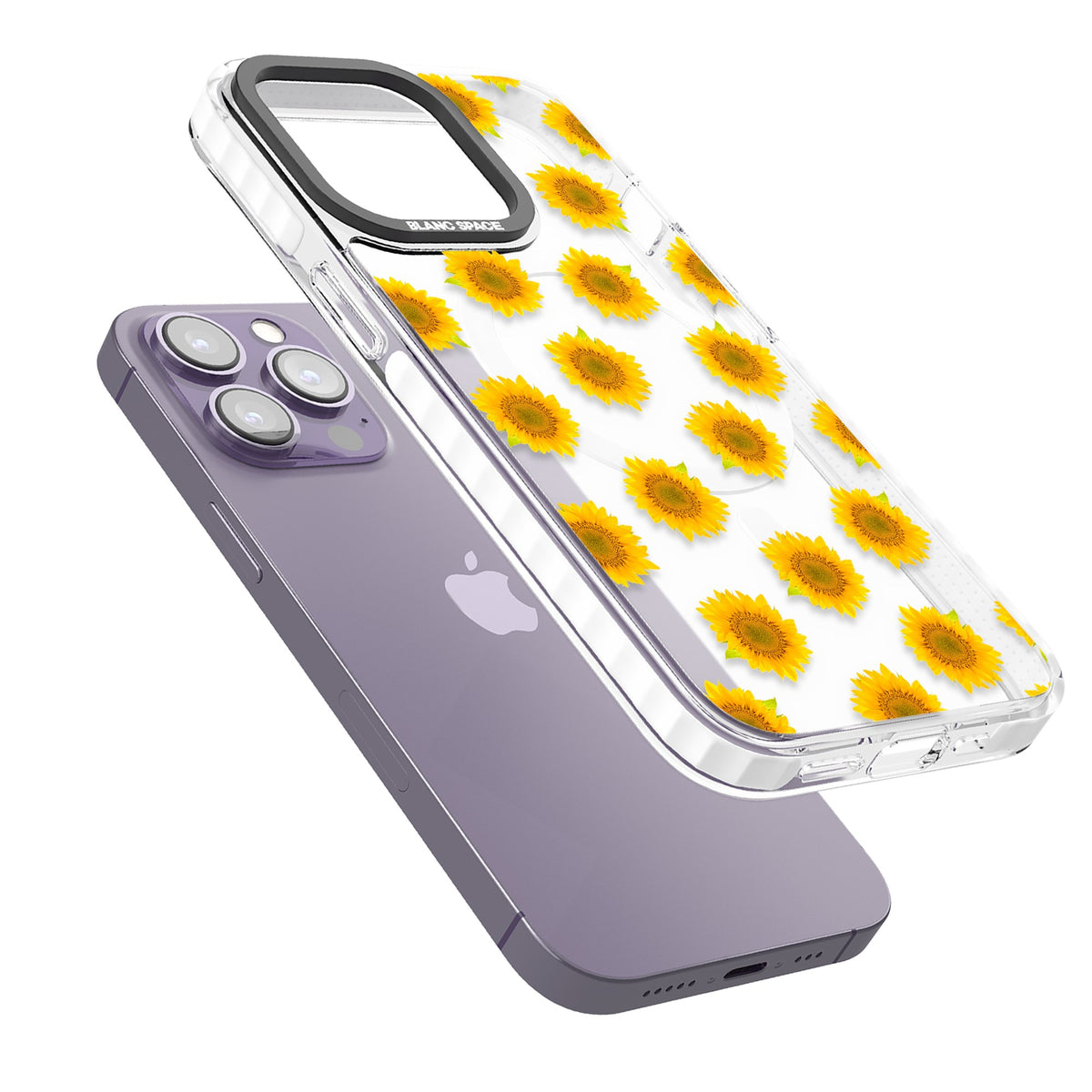 Sunflower Flourish iPhone 13 Pro / iPhone 13 Pro Max / iPhone 14 Pro / iPhone 14 Pro Max / iPhone 15 Pro / iPhone 15 Pro Max Impact Pro Clear Phone Case angled