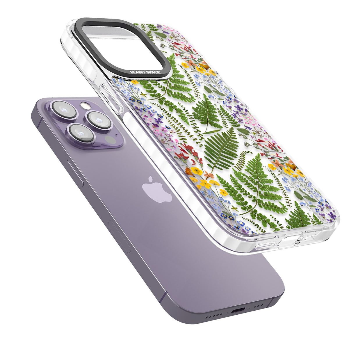 Botanical Fern & Floral iPhone 13 Pro / iPhone 13 Pro Max / iPhone 14 Pro / iPhone 14 Pro Max / iPhone 15 Pro / iPhone 15 Pro Max Impact Pro Clear Phone Case angled