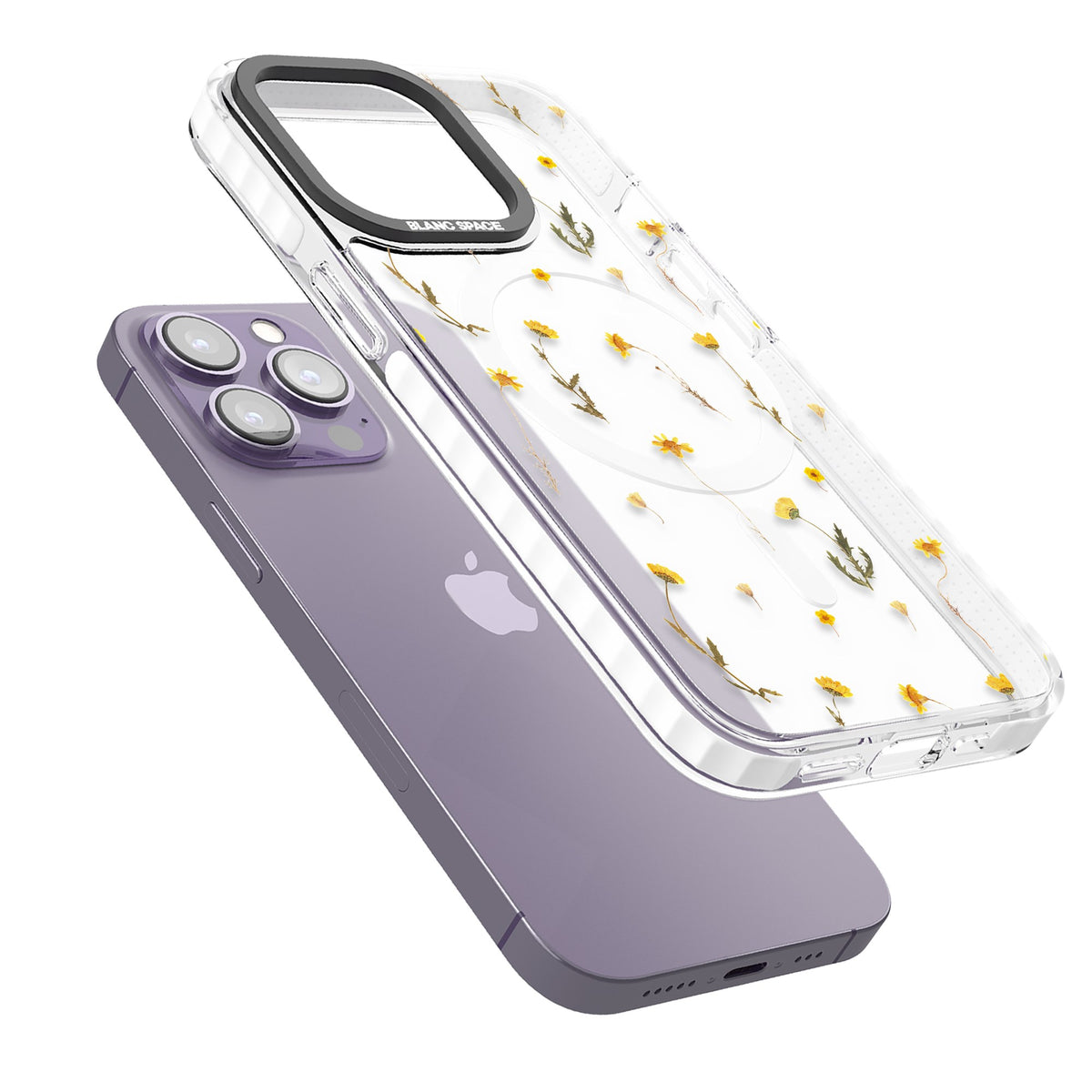 Yellow Wildflower iPhone 13 Pro / iPhone 13 Pro Max / iPhone 14 Pro / iPhone 14 Pro Max / iPhone 15 Pro / iPhone 15 Pro Max Impact Pro Clear Phone Case angled