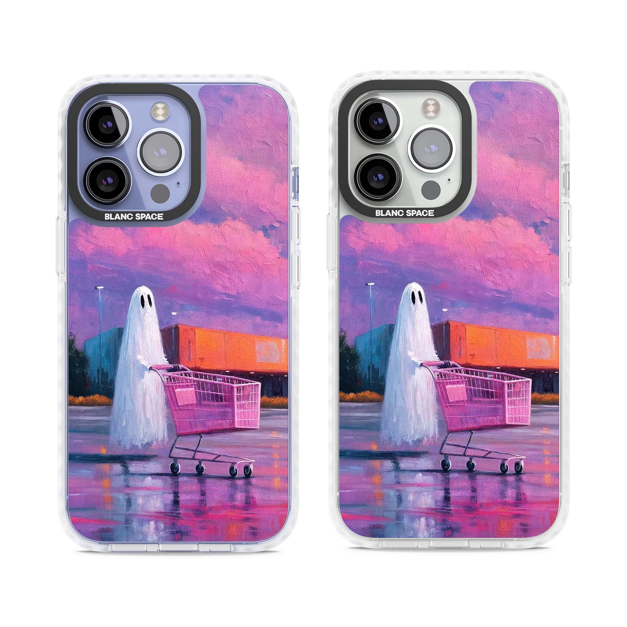 A Ghost's Errand ghost halloween iPhone case featuring a painted ghost, pink shopping trolley and purple sunset sky | Impact Magsafe case for iPhone 13 Pro, iPhone 14 Pro, iPhone 15 Pro