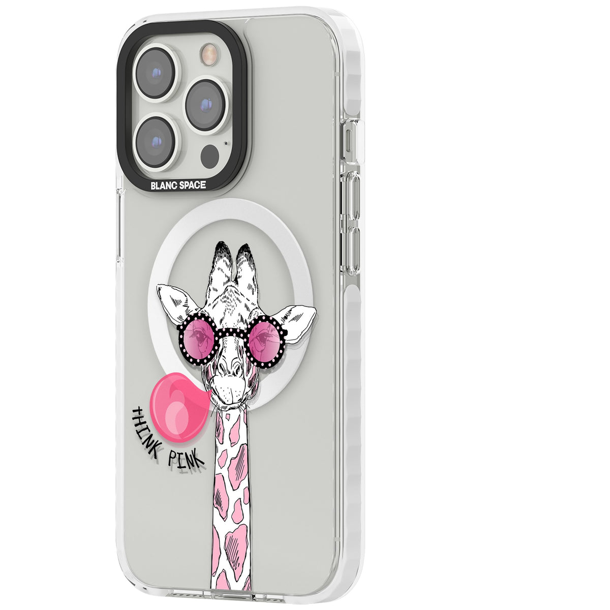 Think Pink Giraffe iPhone 13 Pro / iPhone 13 Pro Max / iPhone 14 Pro / iPhone 14 Pro Max / iPhone 15 Pro / iPhone 15 Pro Max Impact Pro Clear Phone Case side