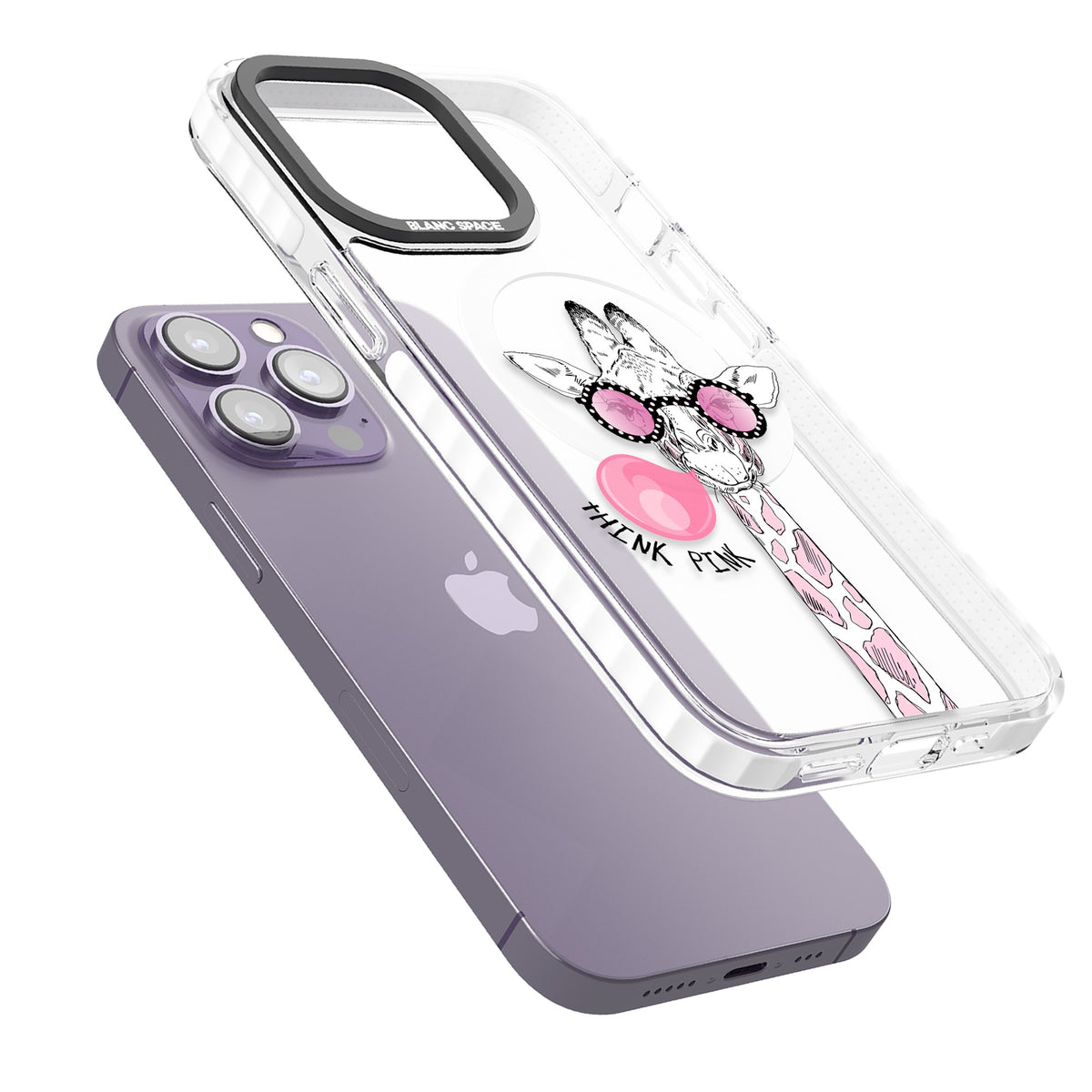 Think Pink Giraffe iPhone 13 Pro / iPhone 13 Pro Max / iPhone 14 Pro / iPhone 14 Pro Max / iPhone 15 Pro / iPhone 15 Pro Max Impact Pro Clear Phone Case angled