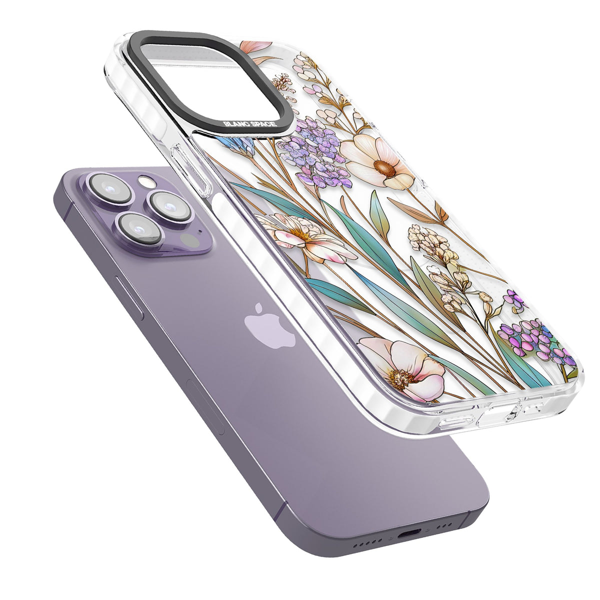 Glass Wildflower Mix iPhone 13 Pro / iPhone 13 Pro Max / iPhone 14 Pro / iPhone 14 Pro Max / iPhone 15 Pro / iPhone 15 Pro Max Impact Pro Clear Phone Case angled