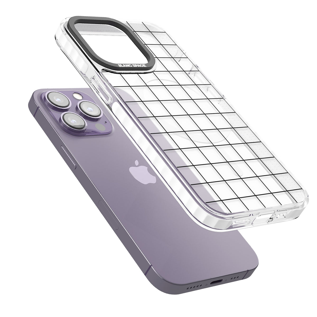 Simplistic Large Grid iPhone 13 Pro / iPhone 13 Pro Max / iPhone 14 Pro / iPhone 14 Pro Max / iPhone 15 Pro / iPhone 15 Pro Max Impact Pro Clear Phone Case angled