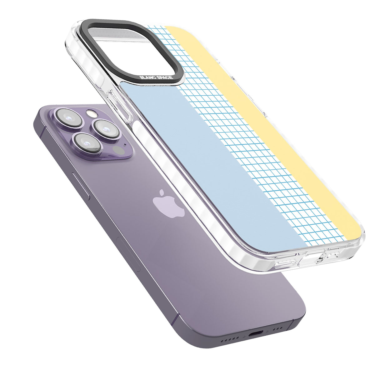 Abstract Grid Blue & Yellow iPhone 13 Pro / iPhone 13 Pro Max / iPhone 14 Pro / iPhone 14 Pro Max / iPhone 15 Pro / iPhone 15 Pro Max Impact Pro Clear Phone Case angled