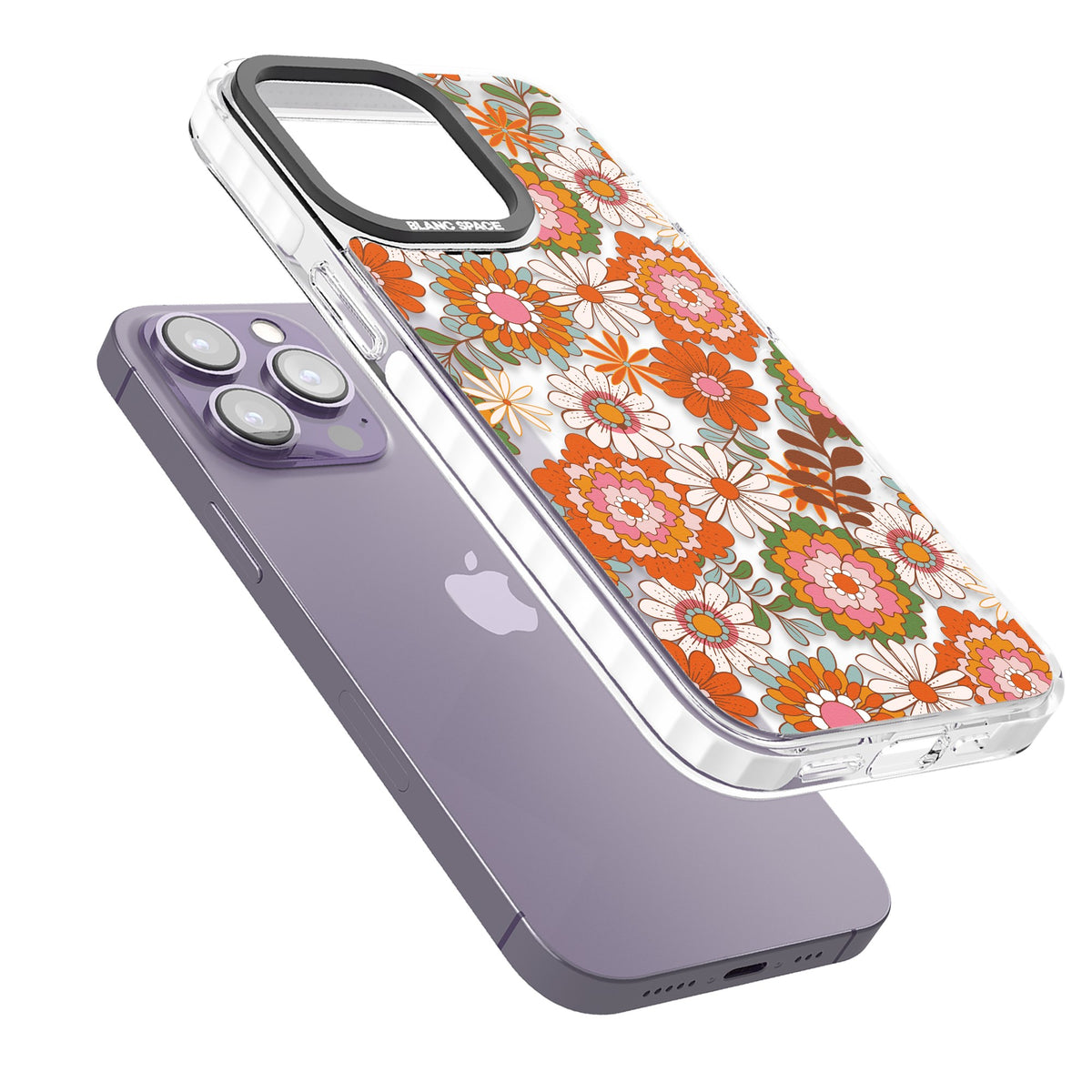Seventies Bloom iPhone 13 Pro / iPhone 13 Pro Max / iPhone 14 Pro / iPhone 14 Pro Max / iPhone 15 Pro / iPhone 15 Pro Max Impact Pro Clear Phone Case angled