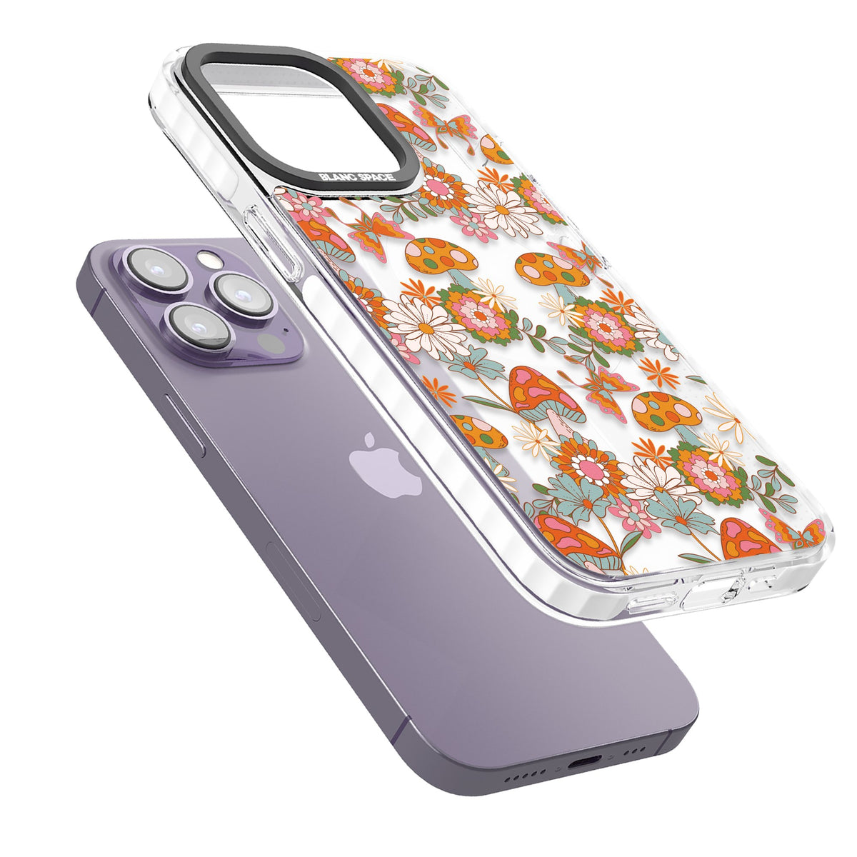 Groovy Shrooms & Flowers iPhone 13 Pro / iPhone 13 Pro Max / iPhone 14 Pro / iPhone 14 Pro Max / iPhone 15 Pro / iPhone 15 Pro Max Impact Pro Clear Phone Case angled